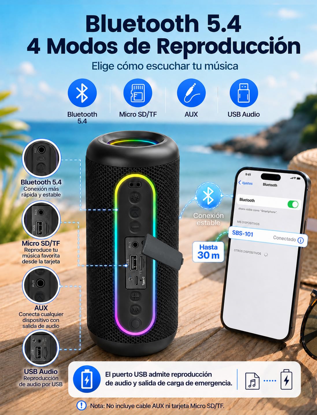 UOHHBOE Altavoz Bluetooth Portátil 30W, Sonido 360° y Graves Potentes | Bluetooth 5.4, Batería Hasta 30H, IPX5 Resistente al Agua, TWS Estéreo y Luces RGB para Fiestas, Playa y Camping