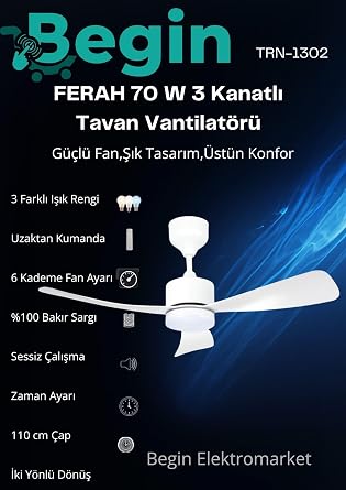 BEG N Ferah 70W 3 Kanatl , LED I kl  Tavan vantilat r  Uzaktan Kumandal  [Enerji S n f  F]