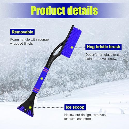 Miniatura 3 de Dickno Rascador y cepillo de nieve para automóvil de 24 pulgadas, rascador de hielo desmontable sin arañazos con agarre ergonómico de espuma,
