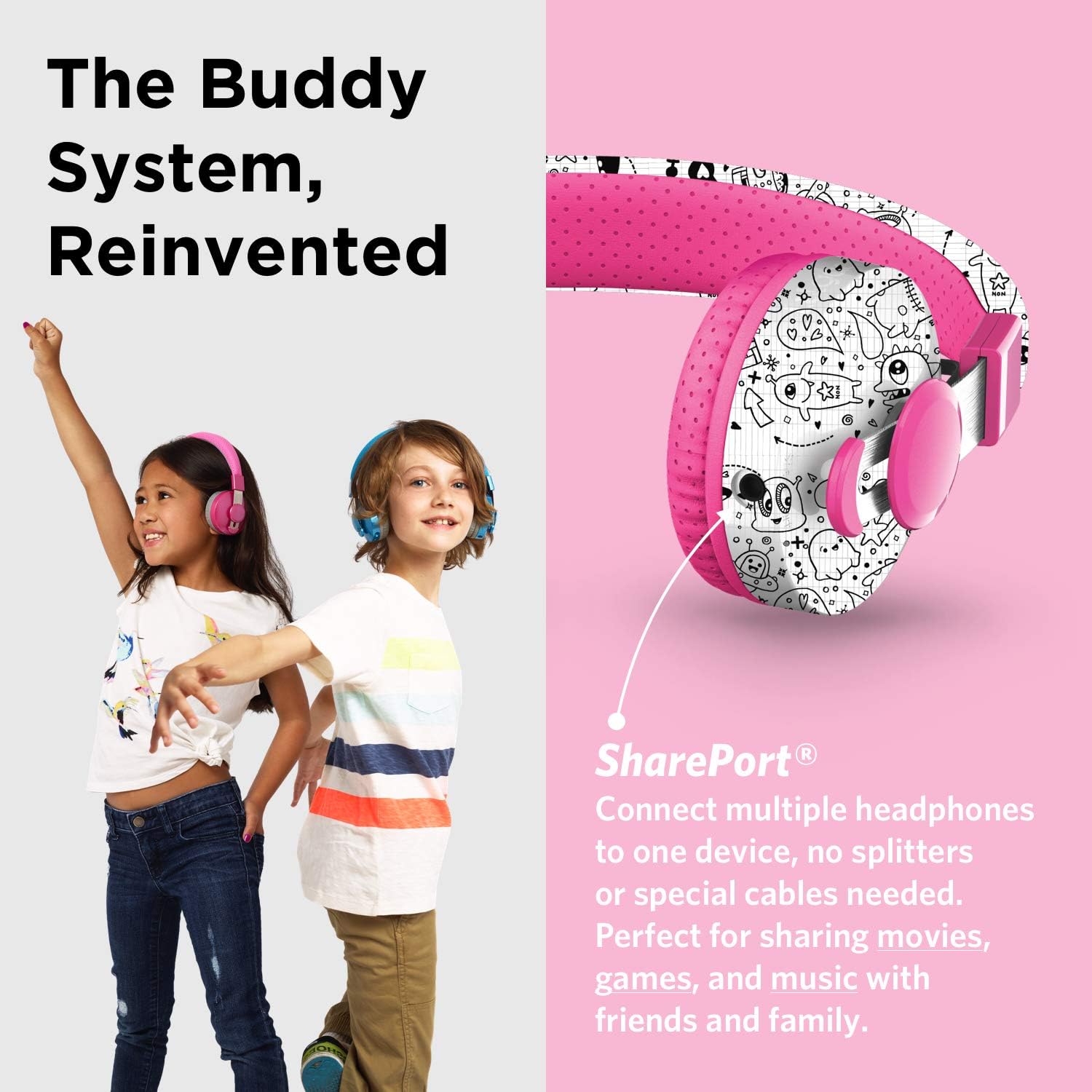 LilGadgets Kids Headphones for School - Ages 4+, Far Out Doodles On-Ear Untangled Pro - Bluetooth Kids Headphones & Wired with Microphone & SharePort Audio Sharing - Volume-Limited 93 dB