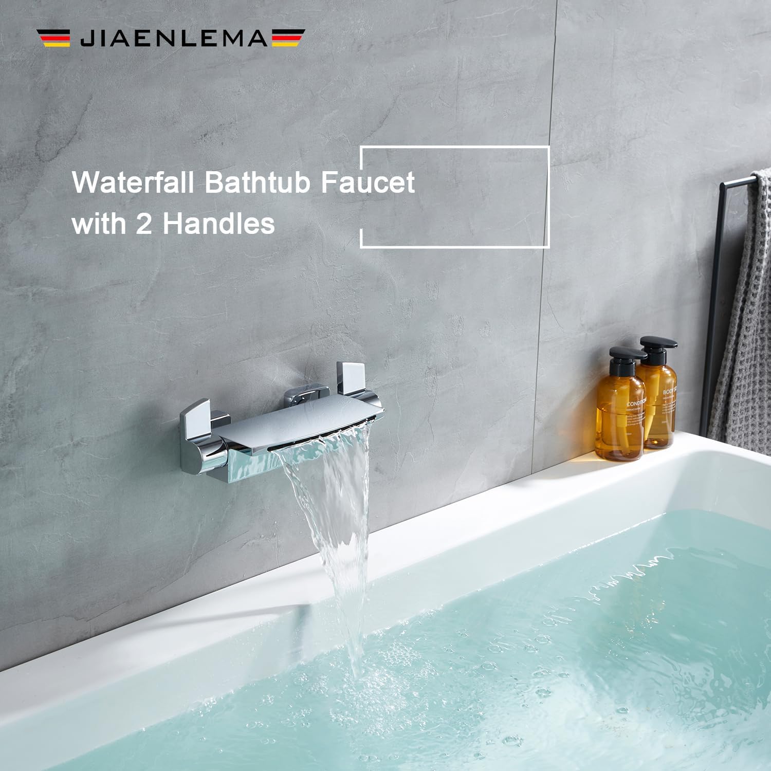 Wall Mount Tub Filler Chrome Waterfall Bathtub Faucet, Wall Bath Tub Faucet Brass, Wall Tub Spout High Flow, Bathroom Vessel Sink Faucet, 2 Handles - JIAENLEMA