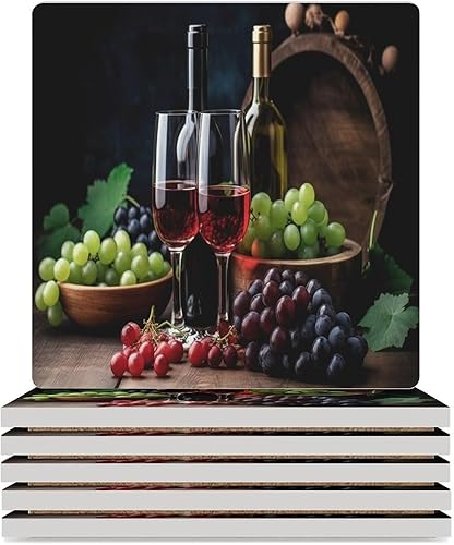 Miniatura 49 de Round-4 posavasos de cerámica para vino tinto, posavasos redondos absorbentes para bebidas, estilo vintage de madera, vino tinto, uvas, frutas y