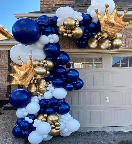 Kit de arco de guirnalda de globos azul marino, globos dorados y blancos con corona de papel de aluminio para niños, fiesta de cumpleaños,