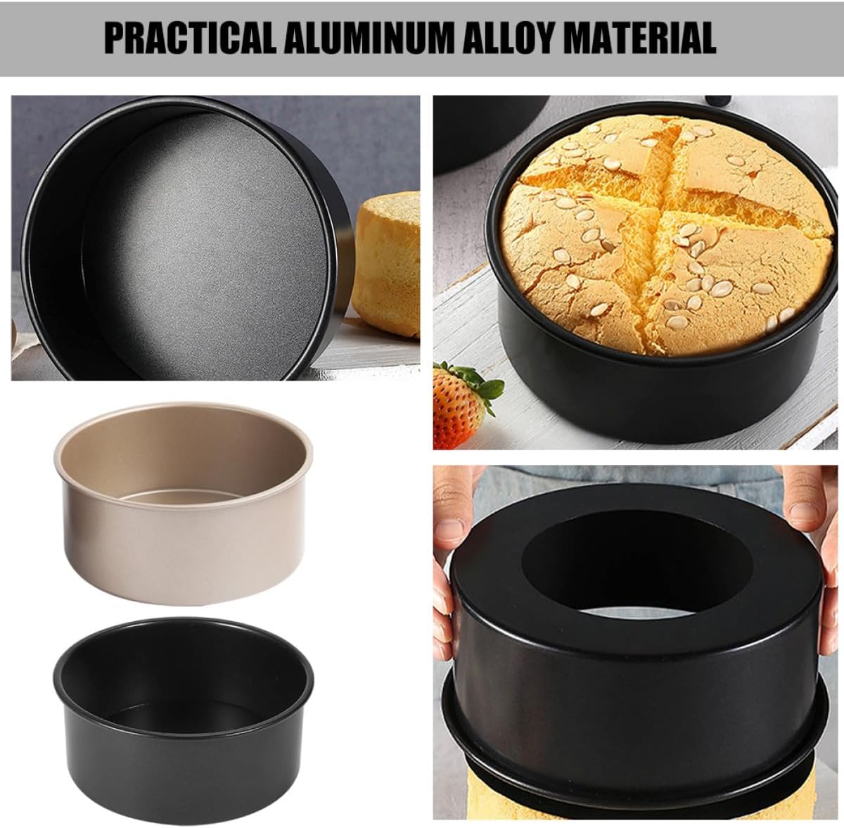 2pcs 6-inch Nonstick Removable Bottom round Cake Pans for Baking Chiffon, Cheese, and Rice Cakes – Black and Gold Metal Baking Mold Set