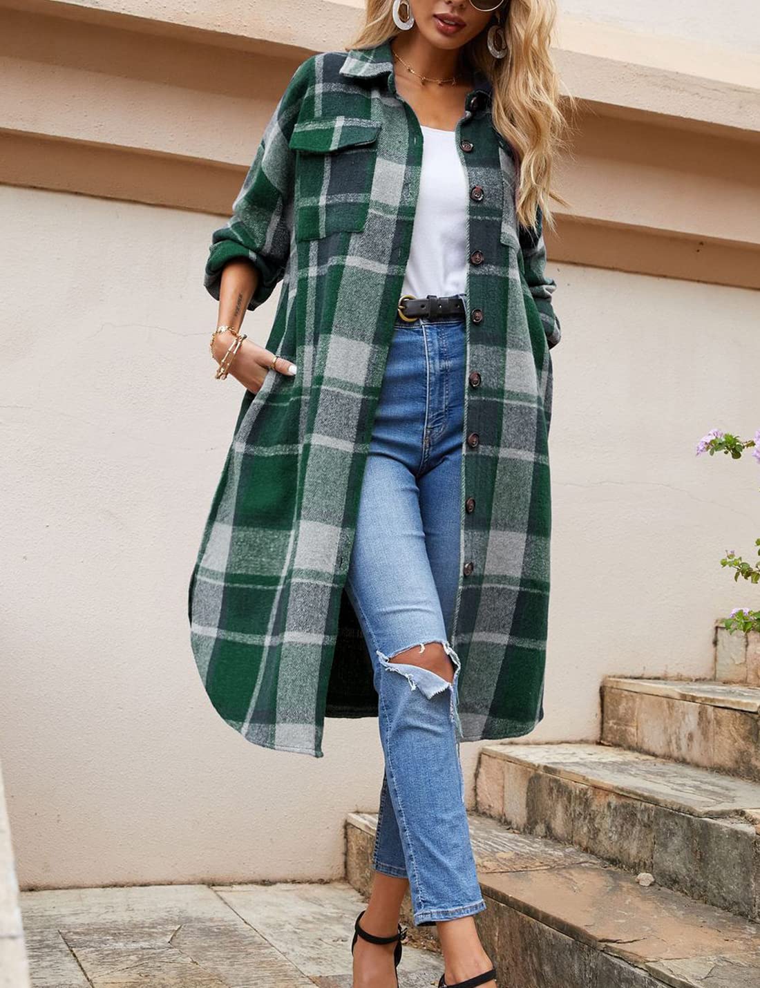 Sukany Lässiges Damen-Hemd mit Revers, Wollmischung, lang, kariert, Knopfleiste, langärmelig, Jacke