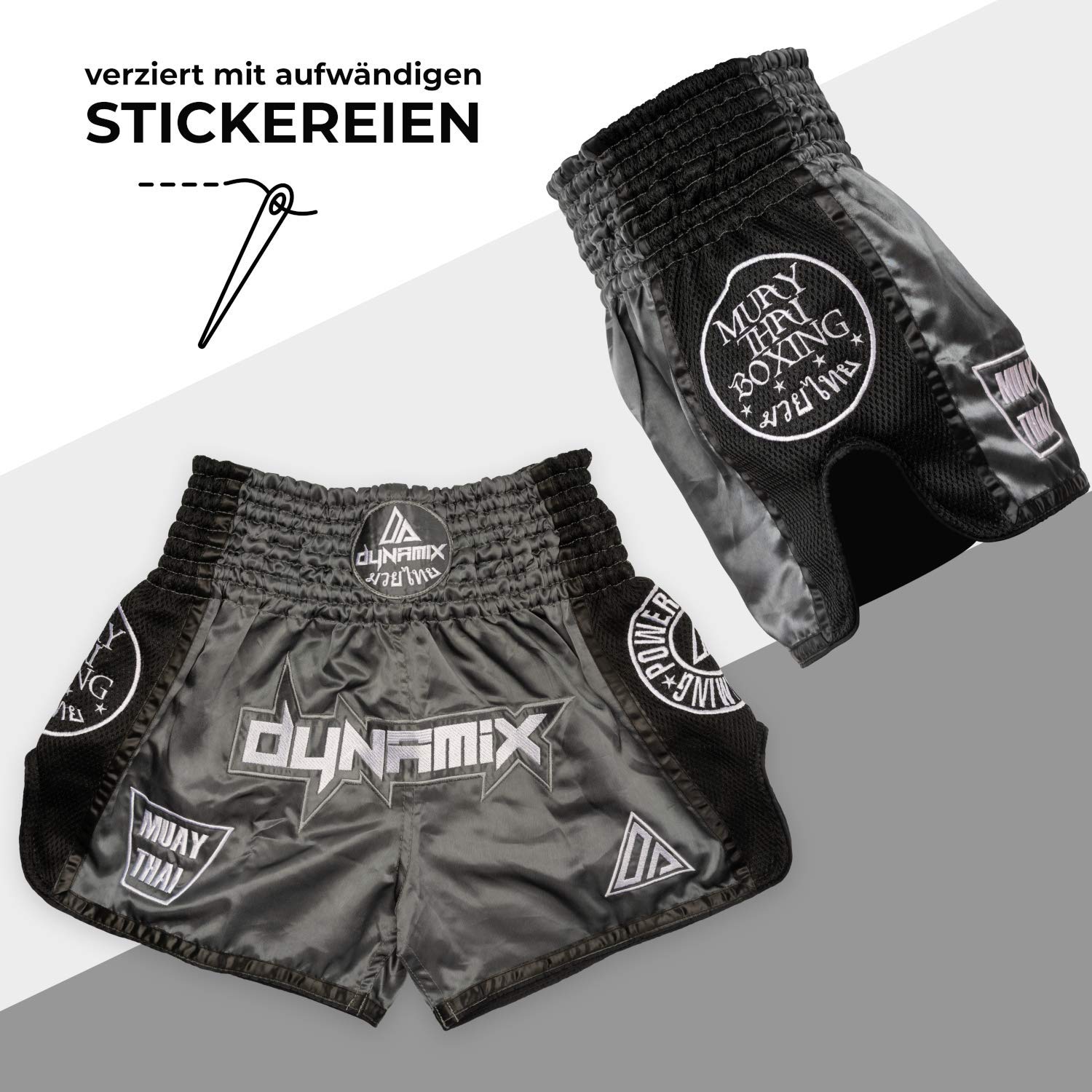 Muay Thai Shorts Warpath - Grau - Premium Thai Short für Thaiboxen traditionelle Thaiboxhose für Herren mit Air-Tech-Gewebe und einzigartigen Muay Thai Stickereien