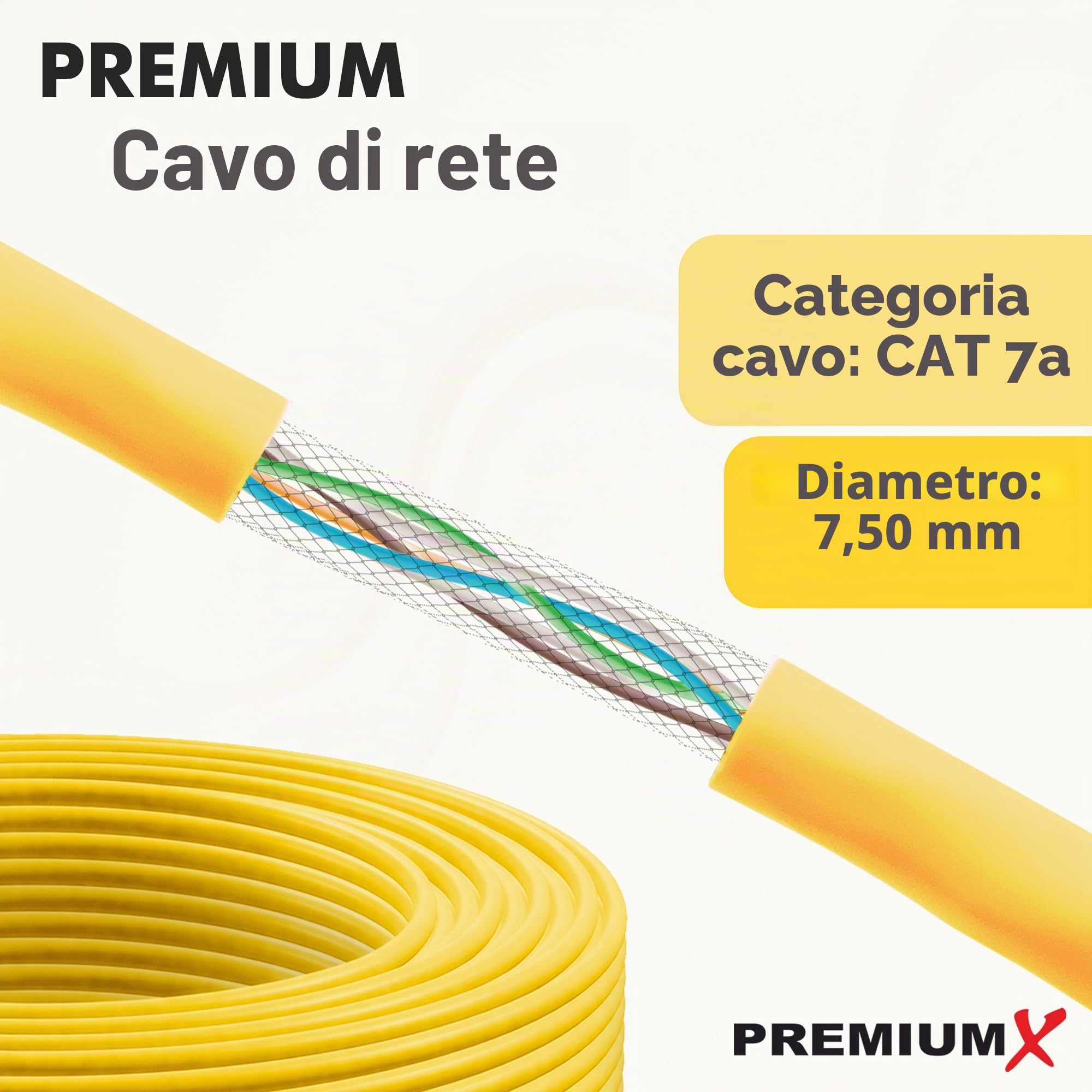 Premium X CAT 7A Cavo di rete 100m - Cavo Ethernet CAT7A Rame Puro - Schermato S/FTP - Cavo dati LAN Gigabit 1200 MHz 4x2xAWG23 PIMF PoE 10Gbit/s Senza alogenuri - Cavo di installazione - 100 metri