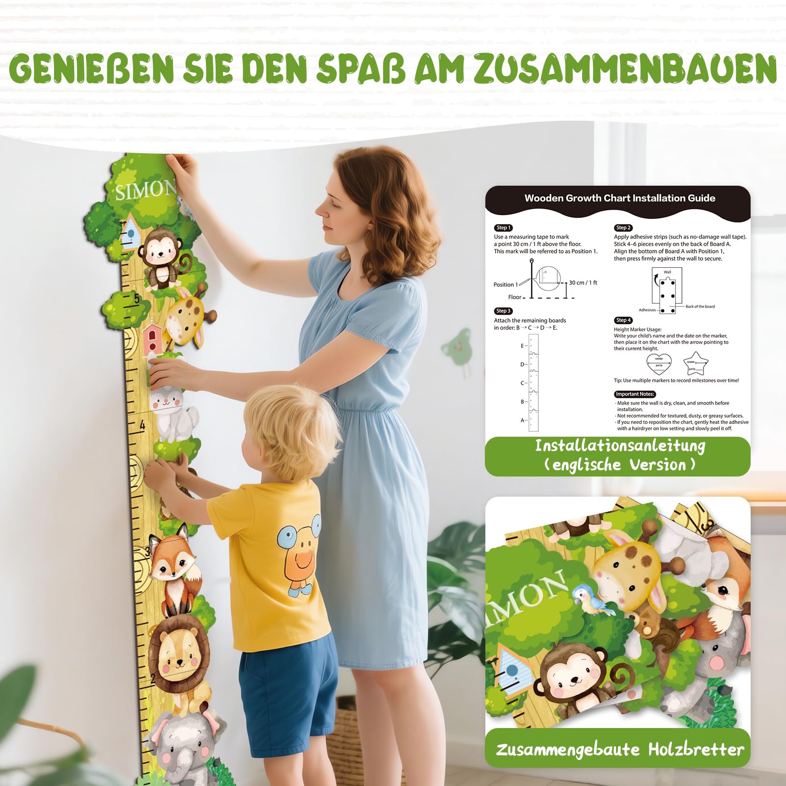 Personalisiert Messlatte Kinder Holz für Baby- & Kleinkinderzimmer mit Namen, Abnehmbares Messlineal für Baby-Messlatte für Schlafzimmer, Wanddekoration (Waldtiere)