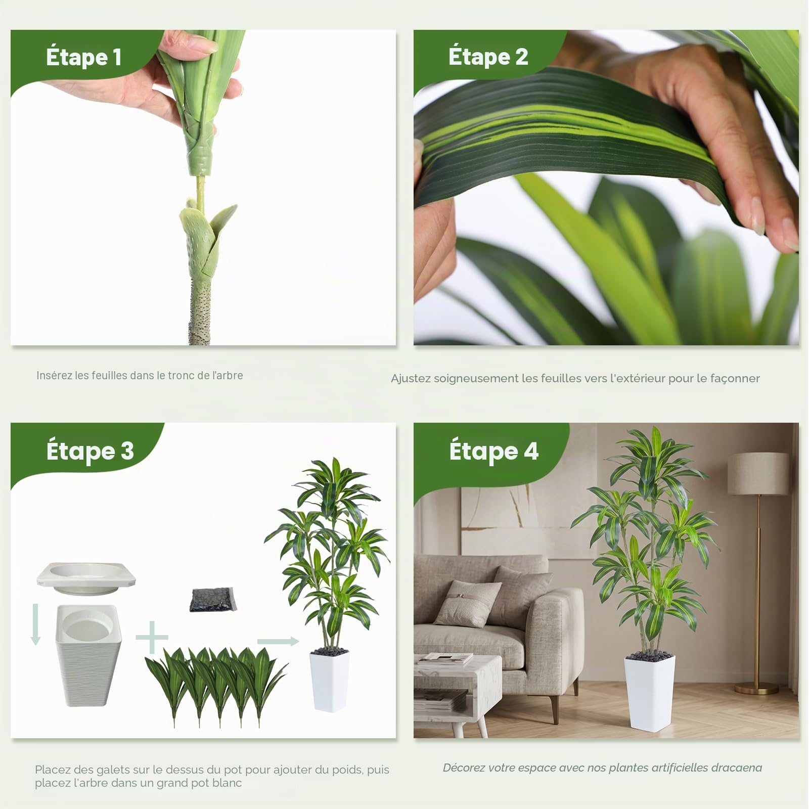 Plante Artificielle Dracaena Intérieur 180cm Arbre Artificiel Dracaena Faux Arbre en Soie avec Jardinière Blanche Faux Tropical Yucca Floor Plant pour Bureau à Domicile Décorati (1, Blanc, 180CM)