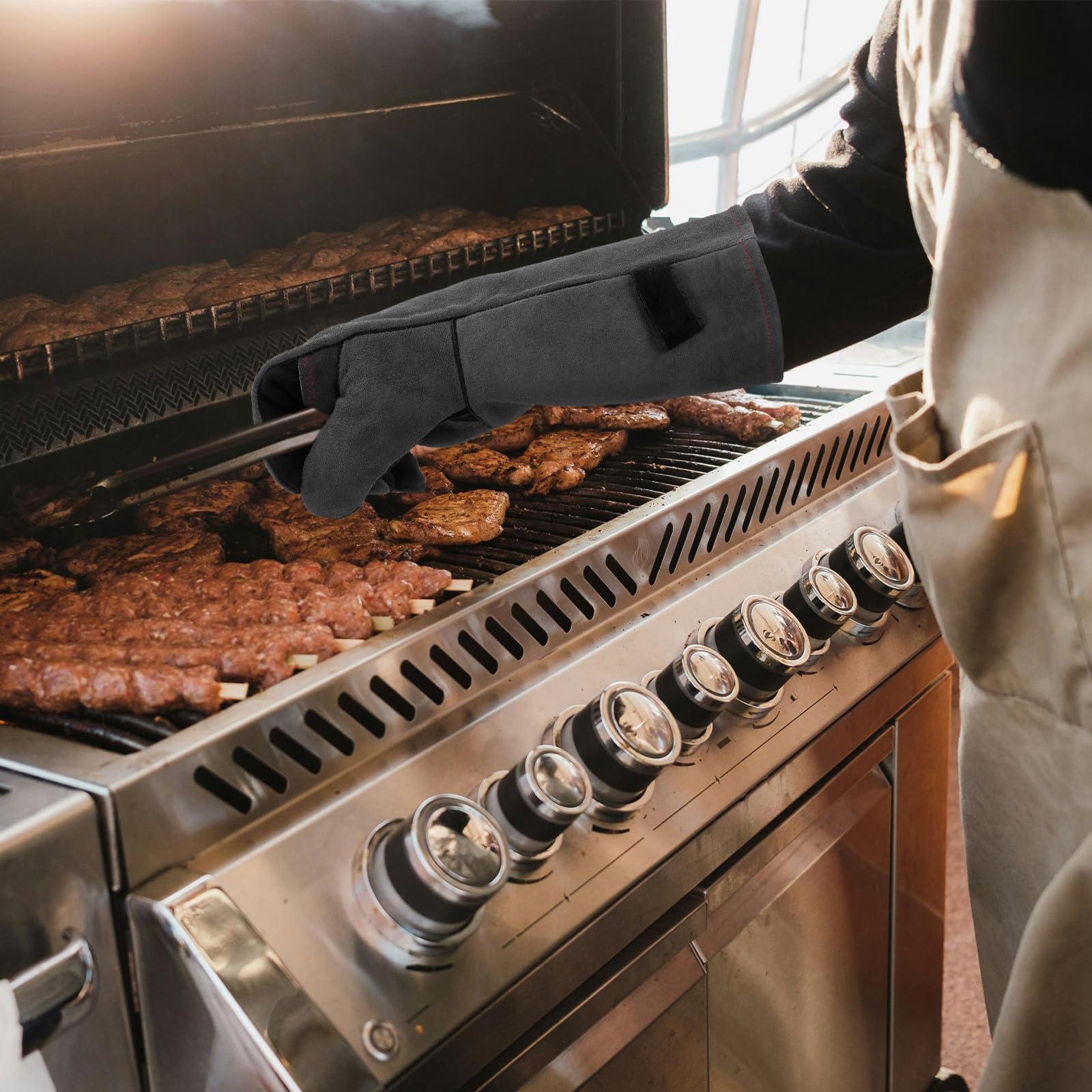 1 Paar Hitzebeständige Grillhandschuhe aus Rindsleder mit Rutschfestem Design und Atmungsaktivem Stoff zum Grillen und Schutz vor Verbrennungen