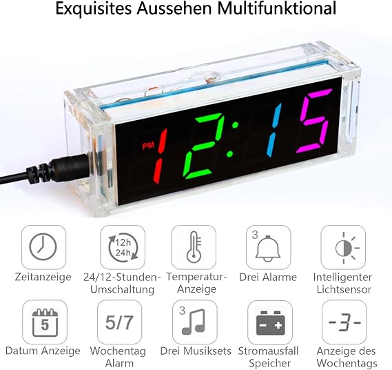EIELE Electronic Clock Soldering Set Multicoloured Display with Free Adjustment Practical Learning Program for Soldering Enthusiasts (Soldering Required)