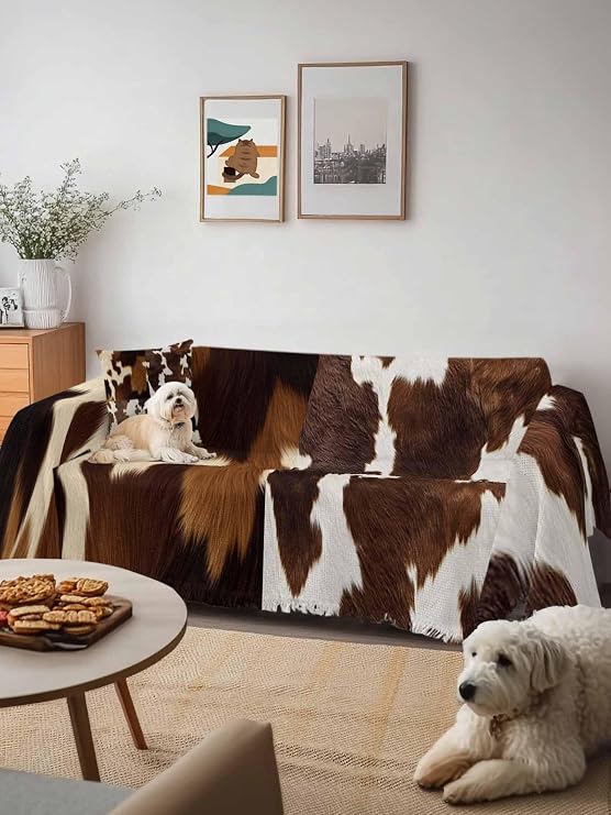 Cow Patterned Couch Cover, Vintage Farmhouse Abstract Country Western Sofa Cover Blanket for Loveseat Couches, Sectional Sofa Slipcover Furniture Protector for Living Room Bedroom 71''x118''