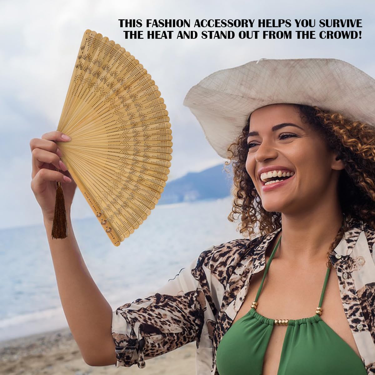 Bamboo Hand Fan Chinese Traditional Folding Fan with Tassel Vintage Hollowed Handheld Rave Fan for Man Women Party Decoration (Brown)