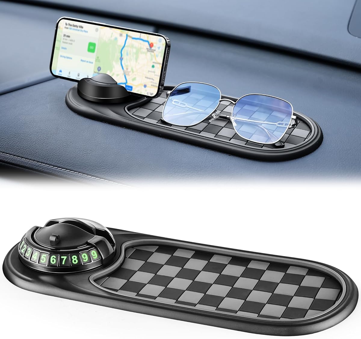 LivTee Multifunction Car Anti-Slip Mat, 360° Rotatable Multifunctional Car Dashboard Mobile Phone Holder with Temporary Parking Number, Universal Dashboard Accessories for Organized Storage (BG-Black)