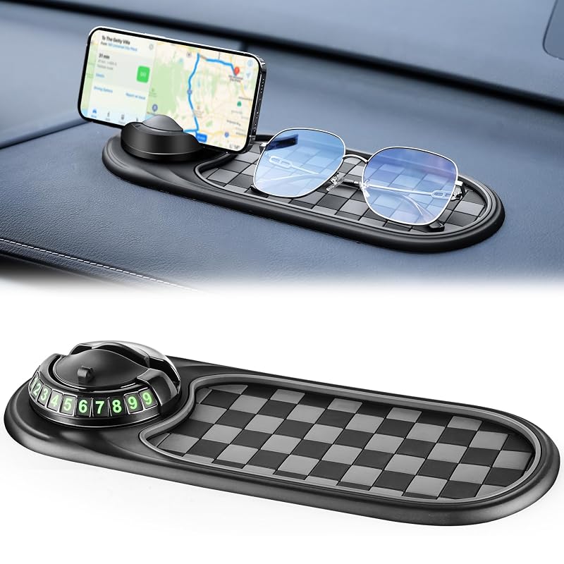LivTee Tapete Antiderrapante Multifuncional para Painel com Suporte de Celular Giratório 360° e Número para Estacionamento Temporário BG-Black