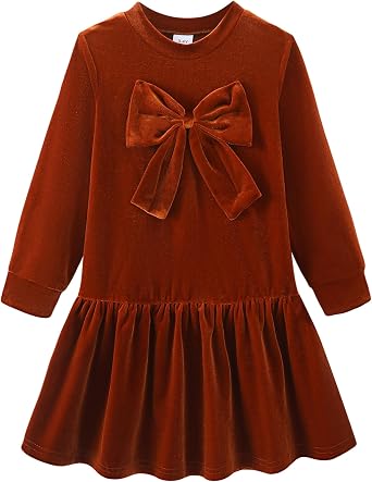 Girls Long Sleeve Dress Toddler Girl Velvet Bow Tie Christmas Dresses for Casual Winter Holiday with 2-7T