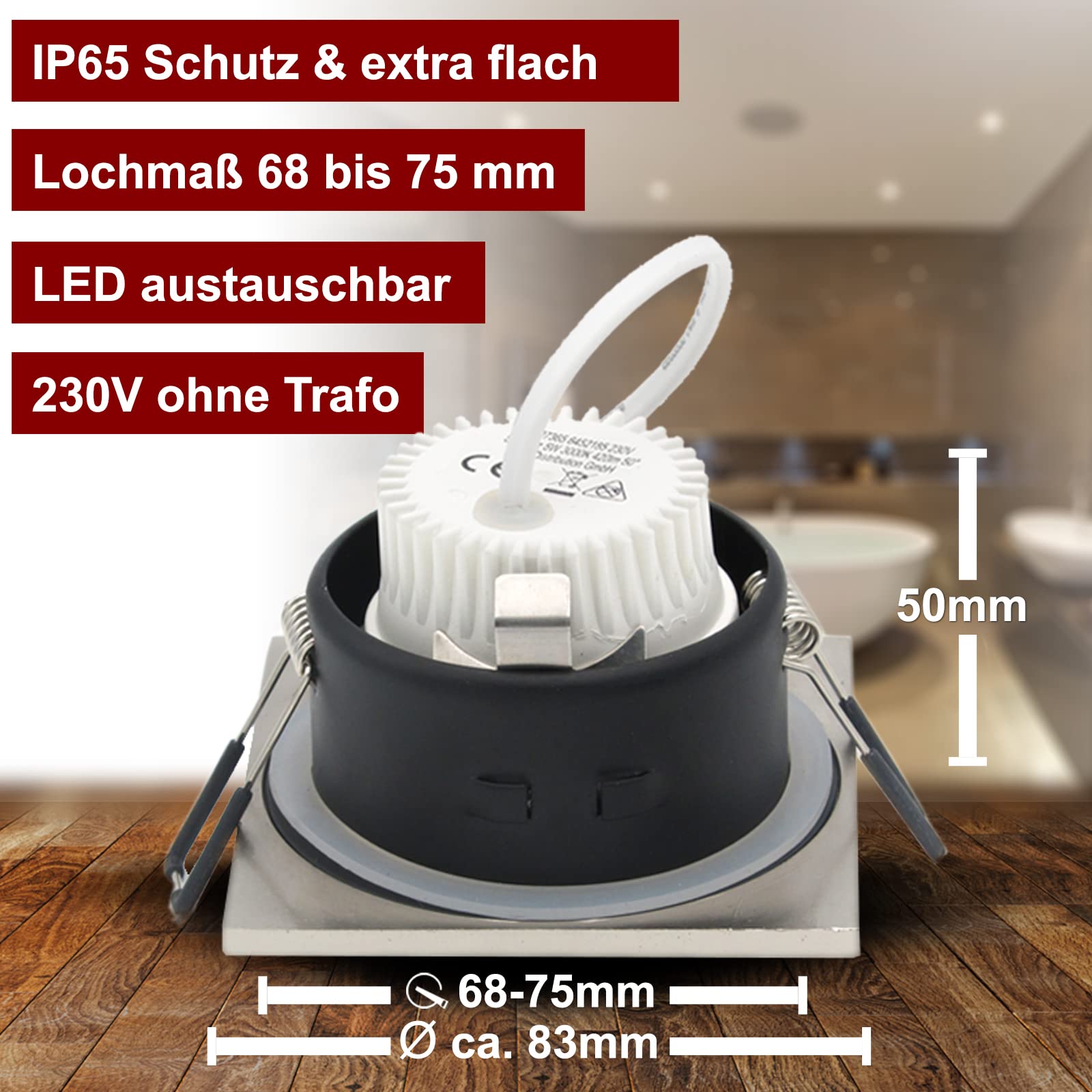 trendlights24 Aqua Base Decken Einbaustrahler eckig IP65-5er Set ultra flach 50 mm LED Spots 5W 230V Warmweiß - Edelstahl Optik gebürstet Bad