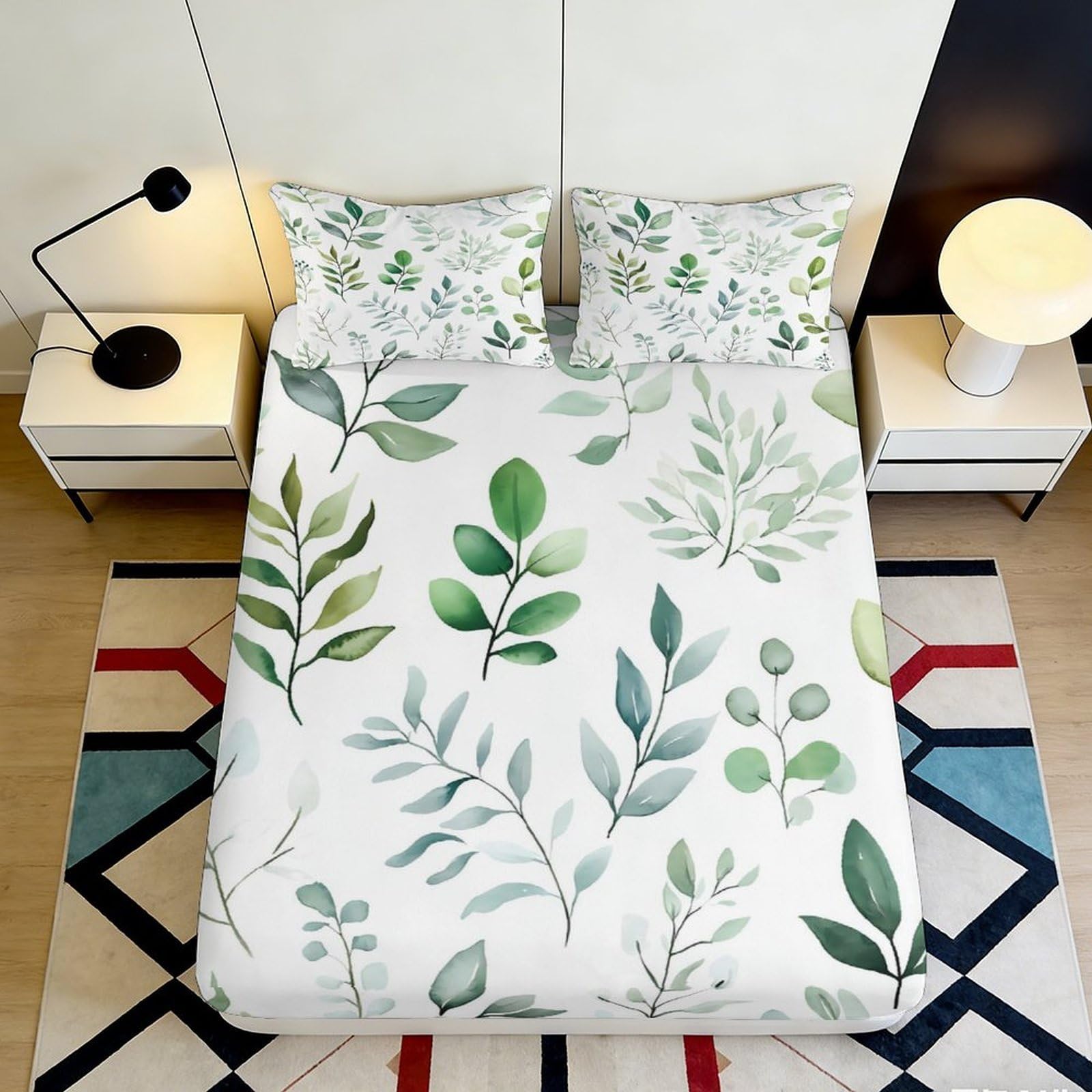 3D Printed Green Leaf Botanical Fitted Sheet Microfiber Soft Non-Slip Mattress Cover for Bedroom Guest Room Easy Care 120x200x25cm