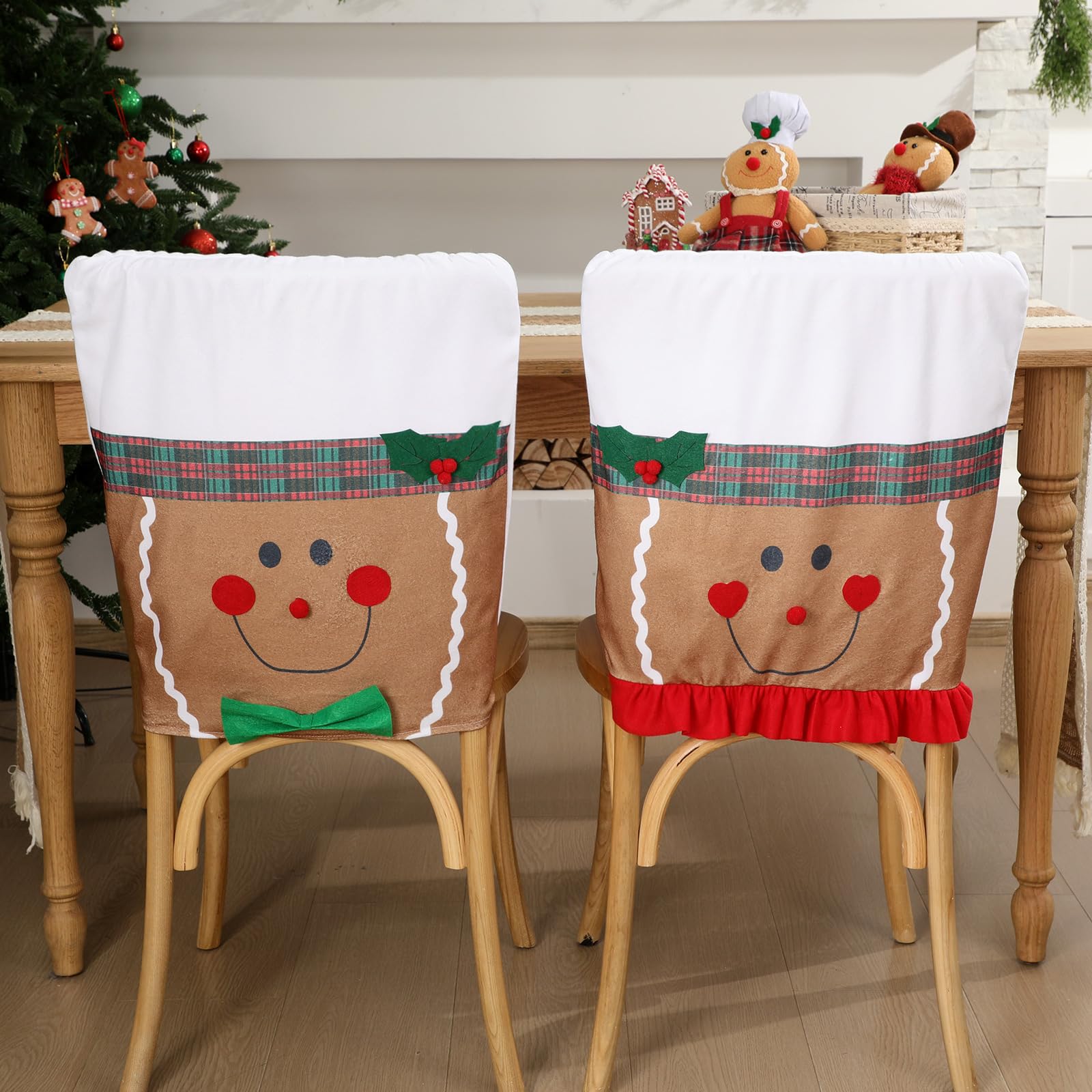 Peryiter 2 Sets Gingerbread Man Christmas Chair Covers Christmas Couple Seat Chair Back Covers for Dining Room Kitchen Chef Gingerbread Man Party Seat Protectors Xmas Folding Slipcovers Decorations