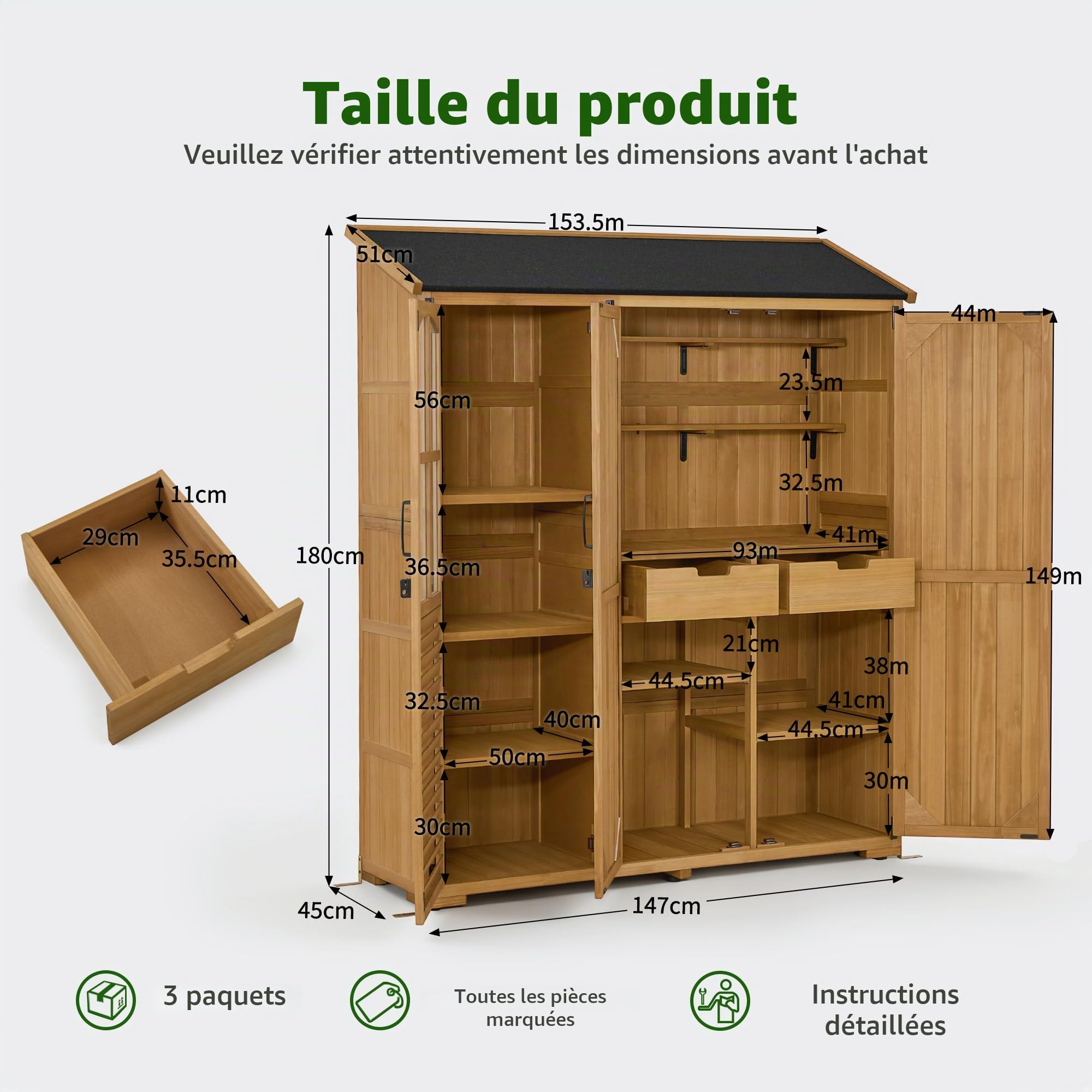 M MCombo Armoire de Jardin en Bois avec 7 étagères&2 tiroirs, abri à Outils résistant aux intempéries, abri de Jardin d'extérieur étanche, abri à Outils pour l'extérieur, 0982 (Naturel)