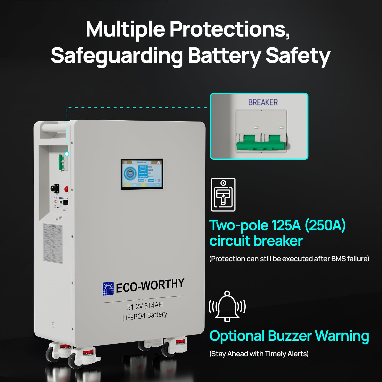 ECO-WORTHY LiFePO4 akumulator LiFePO4 48 V 314 Ah, akumulator 32,2 kWh i wyłączniki mocy 200 A PACE BMS RS485/CAN/RS232 z Bluetooth WLAN do zasilania awaryjnego w domu, niezależne od sieci solarne