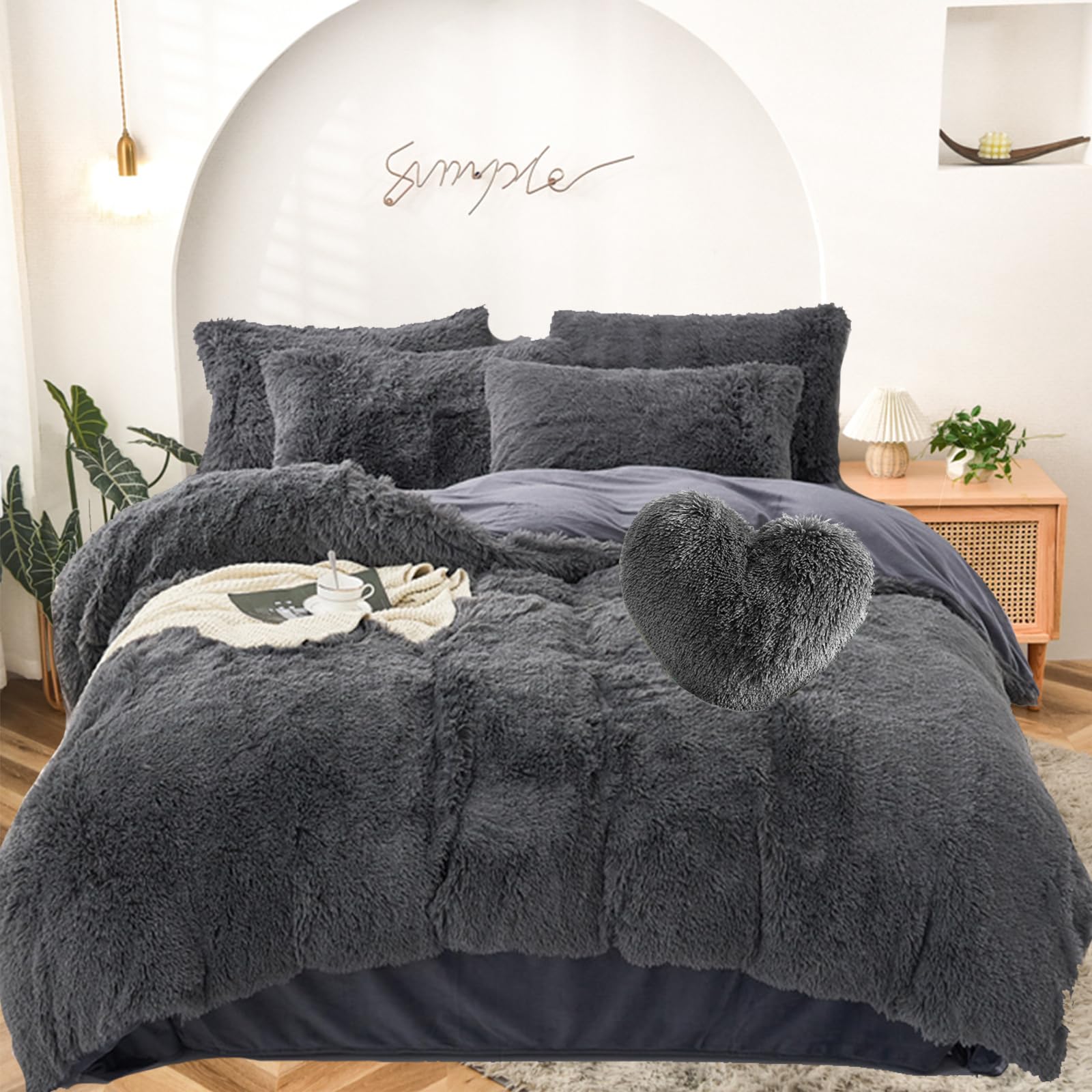 MorroMorn 5 PCS Shaggy Duvet Cover Bedding Set - Fluffy Comforter Cover Long Faux Fur Luxury Ultra Soft Cozy (Gray, Full/Queen)