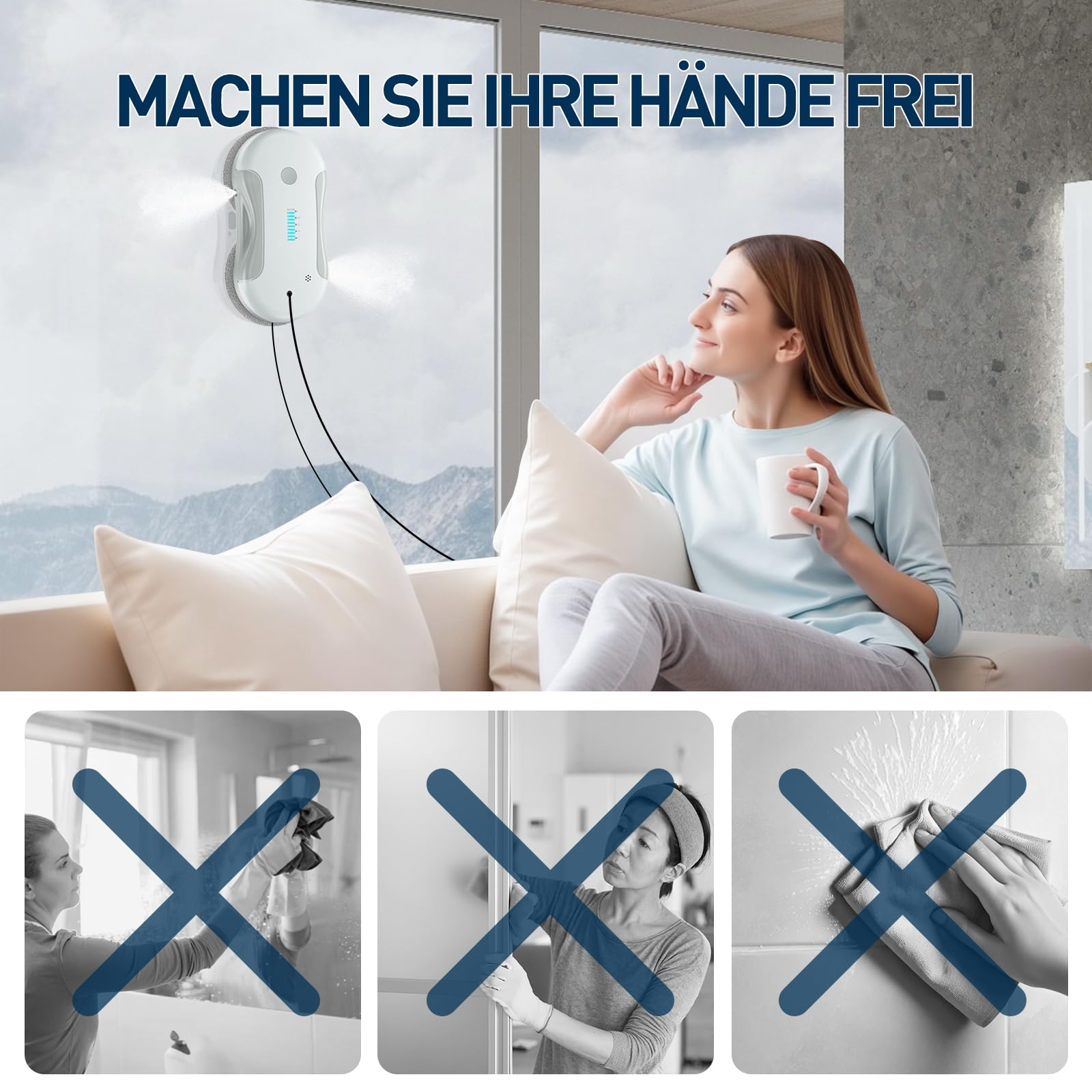 Fensterputzroboter Elektrisch, 5500-5800Pa Fensterroboter mit 2-Fach Sprühsystem, 80ML Tank, Intelligente Pfadplanung, Mehrfachschutz, für Innen- und Außenfenster