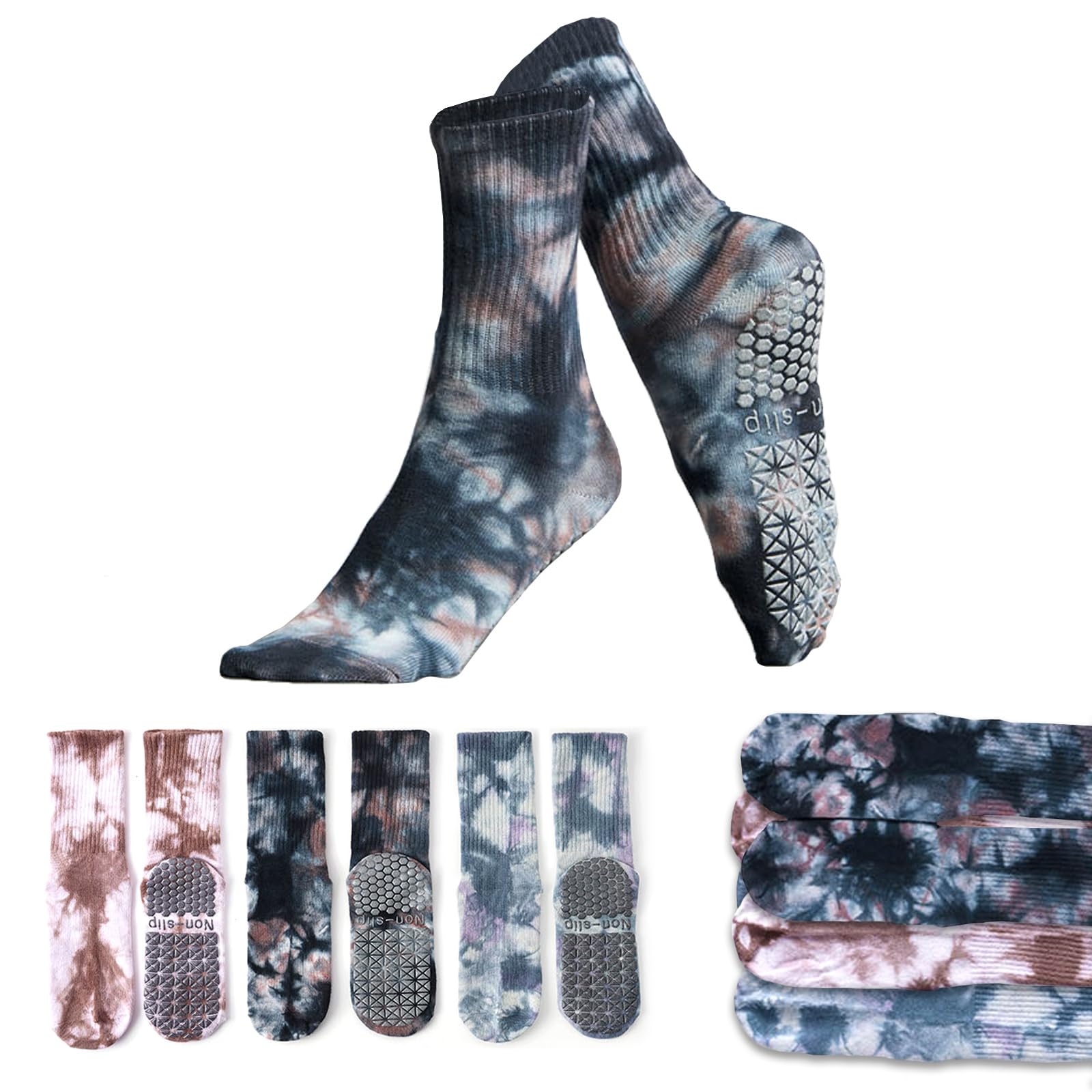 Lot de 3 Paires de Chaussettes Yoga Antidérapantes Femme, chaussettes pilates antiglisse au design nébuleuse, idée cadeau hiver pour amie, fête des mères, anniversaire et Noël