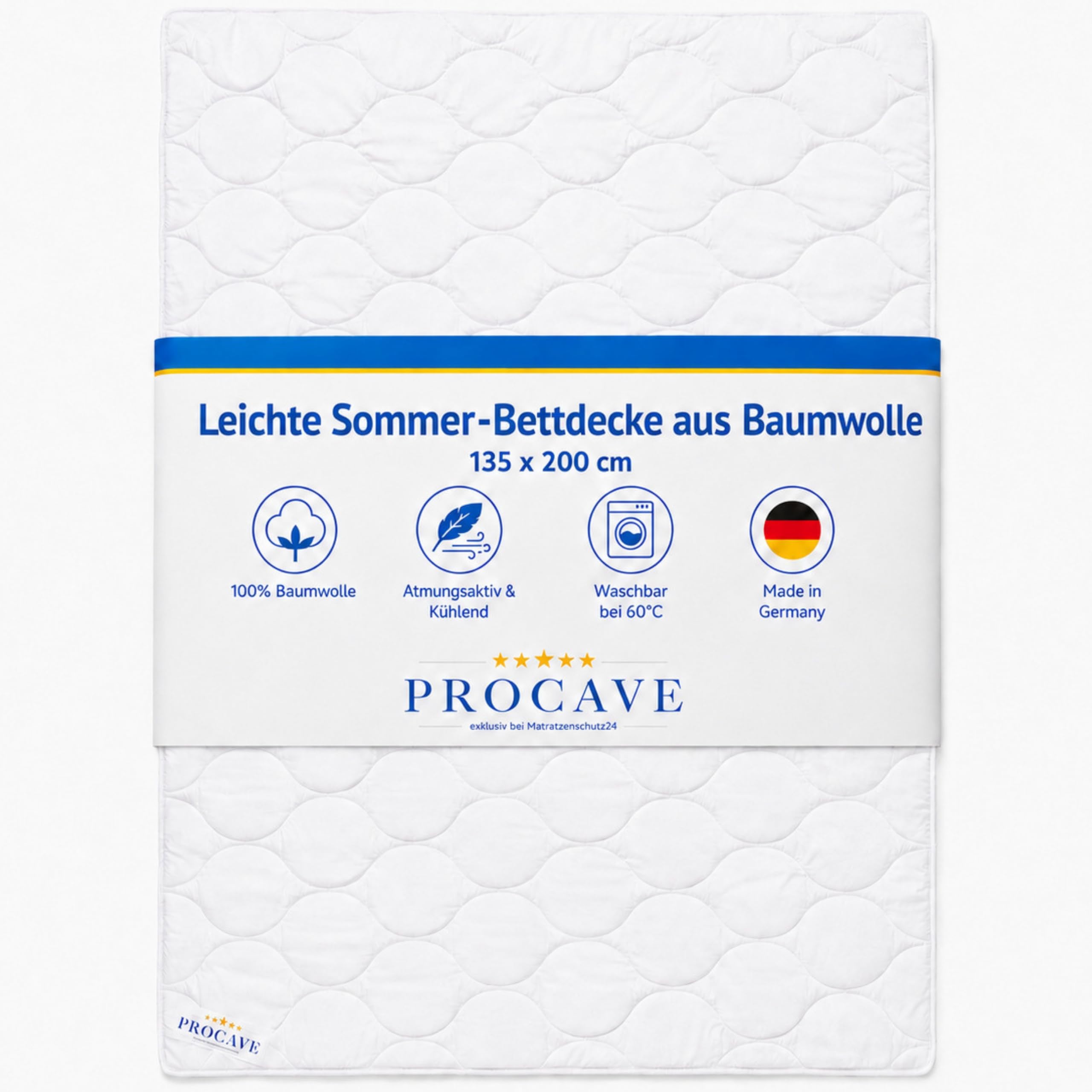 PROCAVE Baumwolle Komfort Qualitäts-Bettdecke für den Sommer 135x200cm, leichte Baumwolldecke, waschbar, aus der Natur, atmungsaktiv & wärmeausgleichend, 100% aus Deutschland