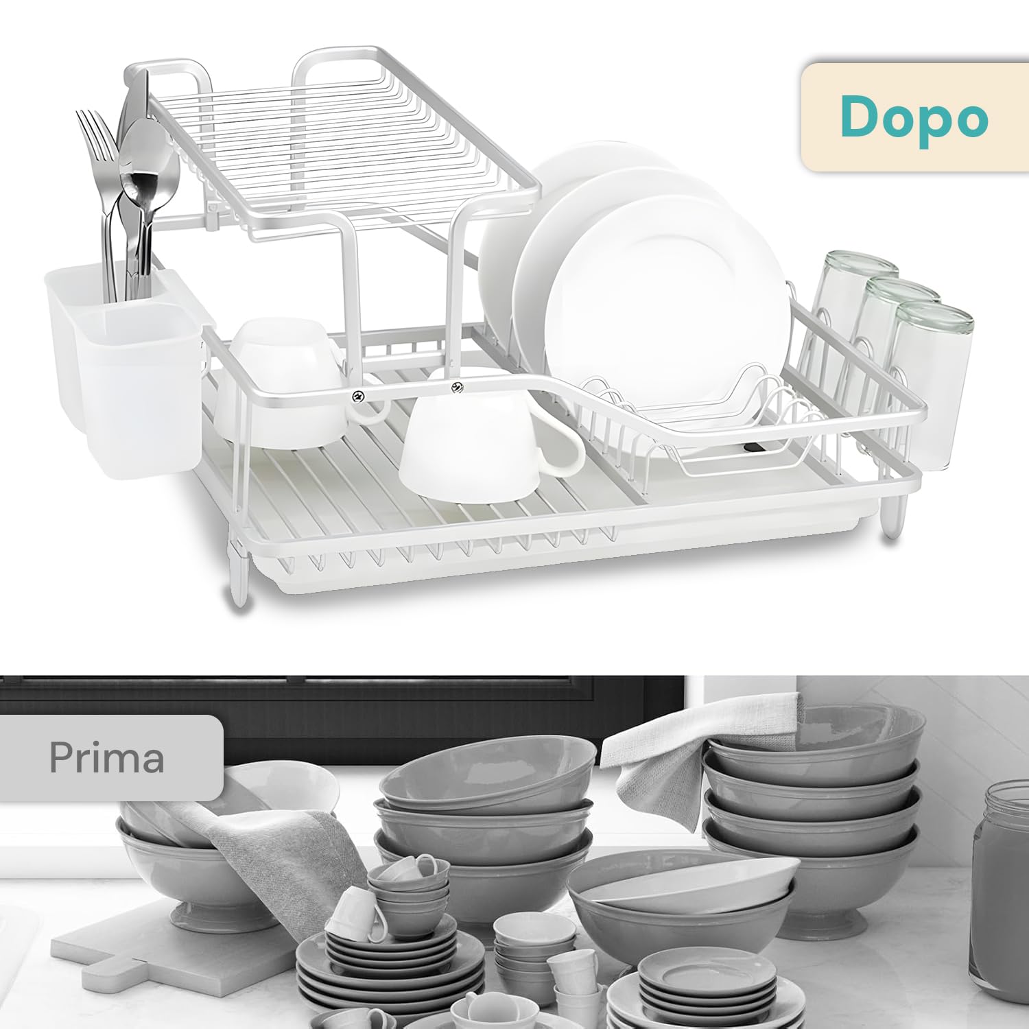 Wintem Escurreplatos de 2 Niveles de Aluminio antioxidante 55,5 x 35 x 27,3 cm Blanco – Incluye portavasos en el Lado del Nivel Superior, Patas Antideslizantes, Accesorios extraíbles y Divisor
