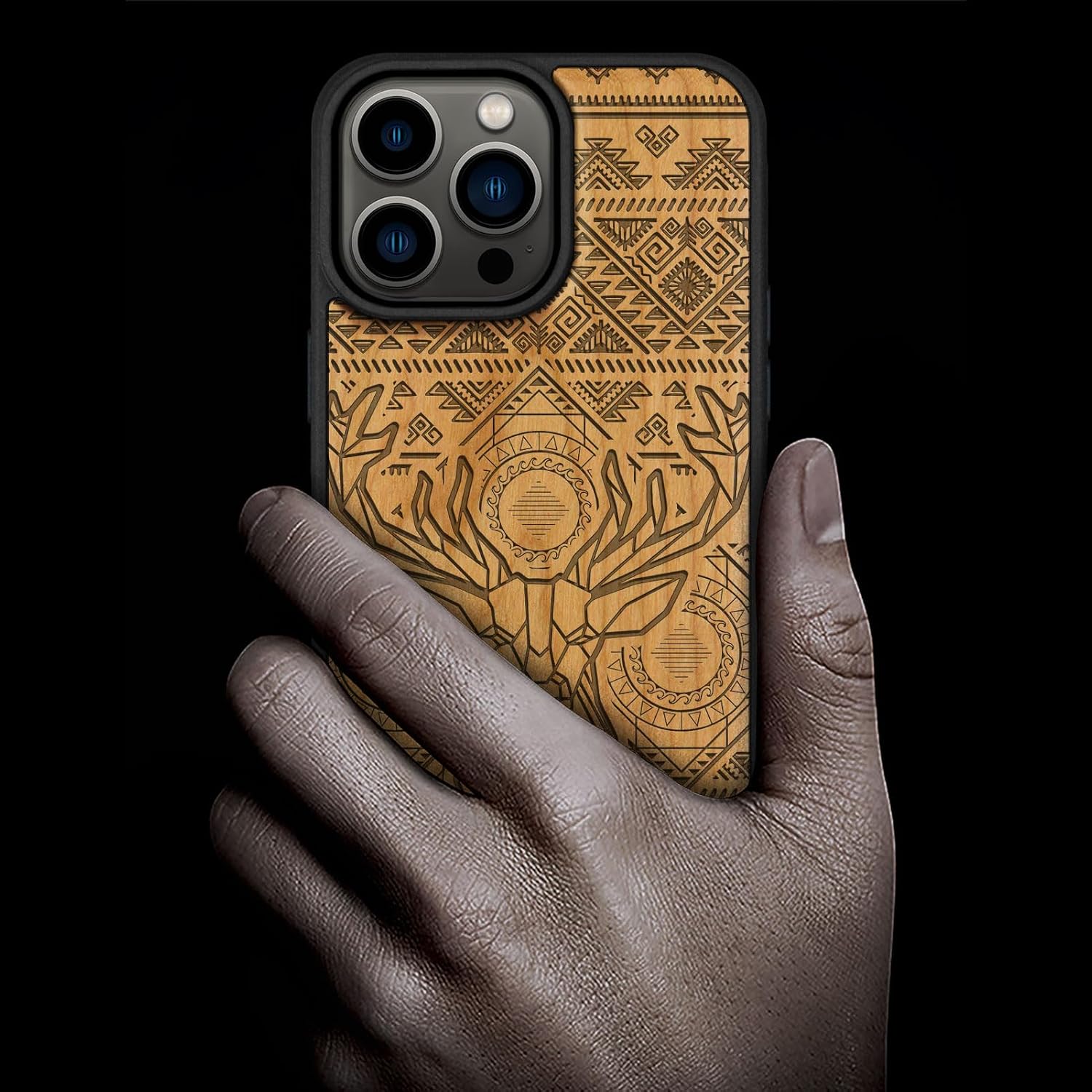 Carveit Magnetic Wooden Case for iPhone 15 Pro Max Case, Compatible with MagSafe Wireless Chargers, Black Soft TPU Shockproof Cover & Wood Artisan Engraved (Aztec Geometric Deer) - Cherry