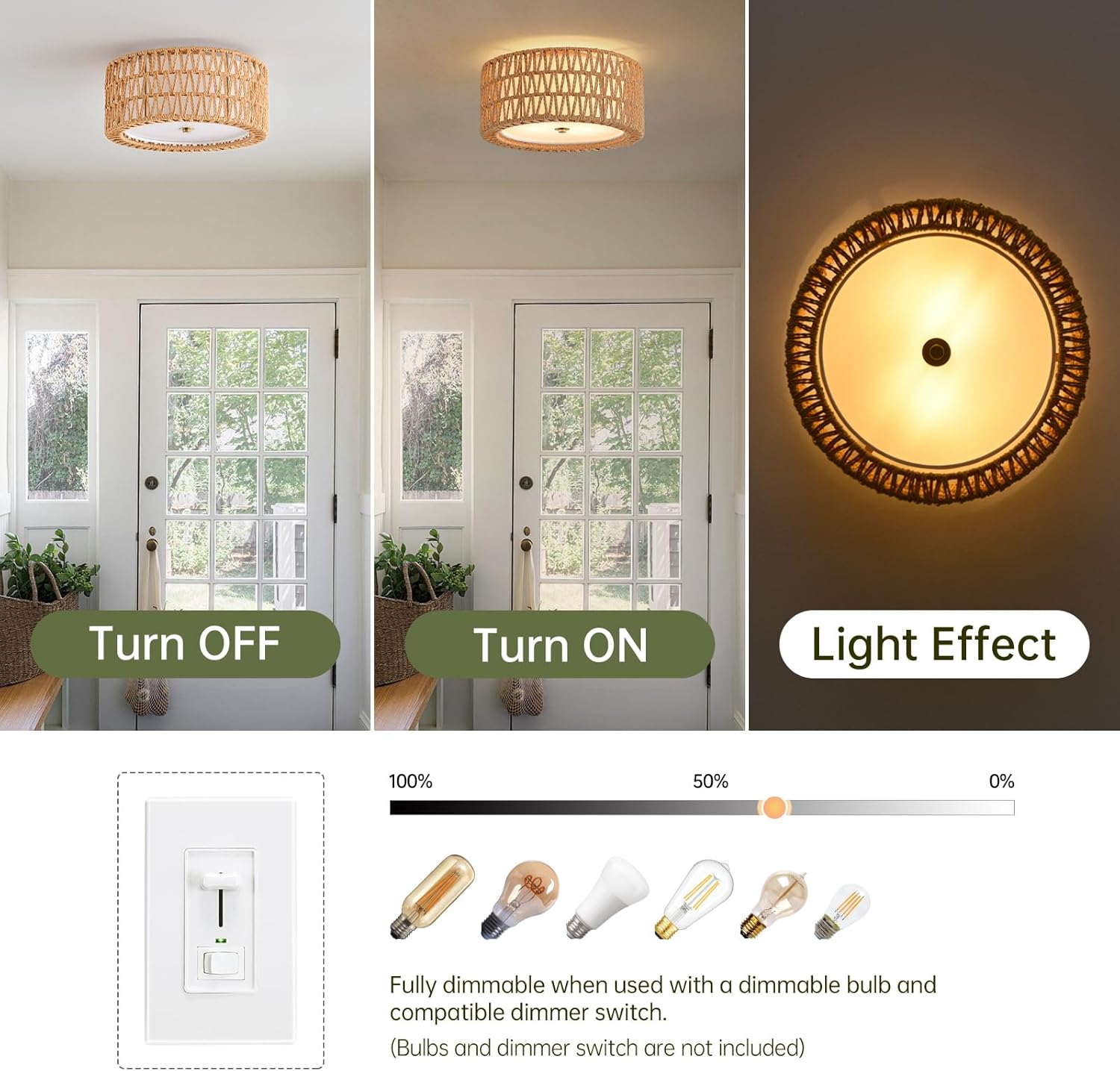 Boho Ceiling Light Fixtures 12.6" Flush Mount Ceiling Light, 3-Light Rattan Light Fixture for Bedroom Close to Ceiling Light Modern Ceiling Light for Foyer Hallway Entryway Kids Room