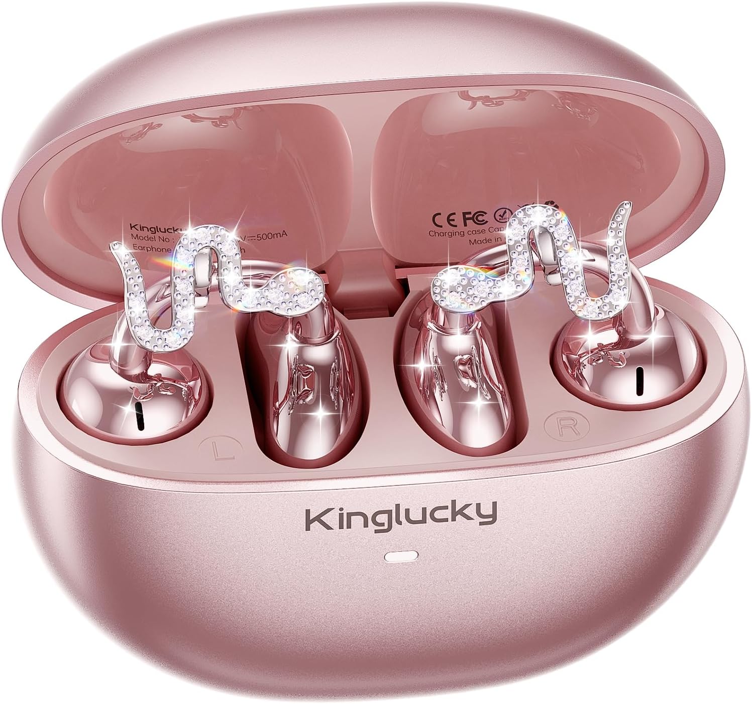 Kinglucky Jewelry-Inspired Clip-On Earbuds with Serpentine Earrings, Comfortable Fit & 50H Playtime Open Ear Bluetooth 5.4 Wireless Headphones for Women, Small Ears, Sports & Workouts (Pink)