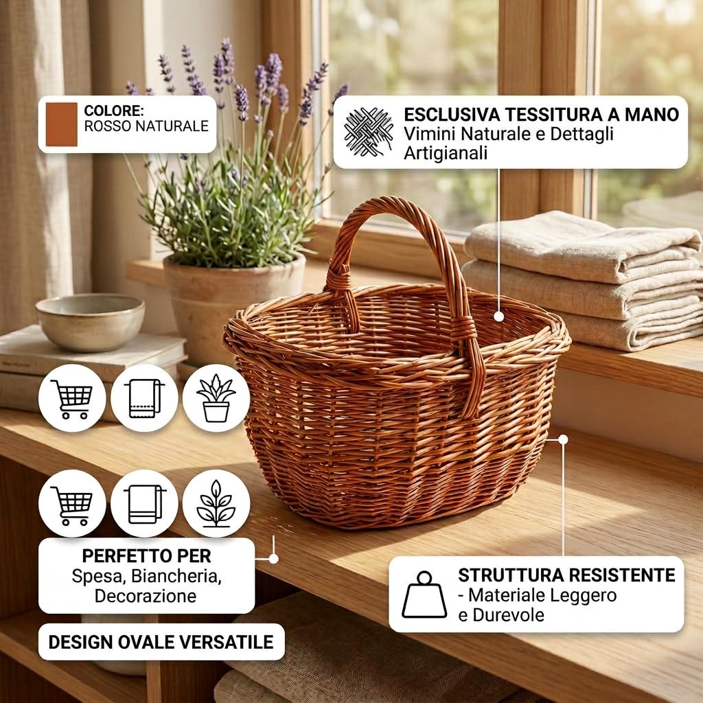 Cesto in Vimini Rosso Olanda Ovale con Manico 36x26x37 cm, Cesto Artigianale Intrecciato a Mano, Cestino Portaoggetti per Casa Spesa e Decorazione Stile Naturale