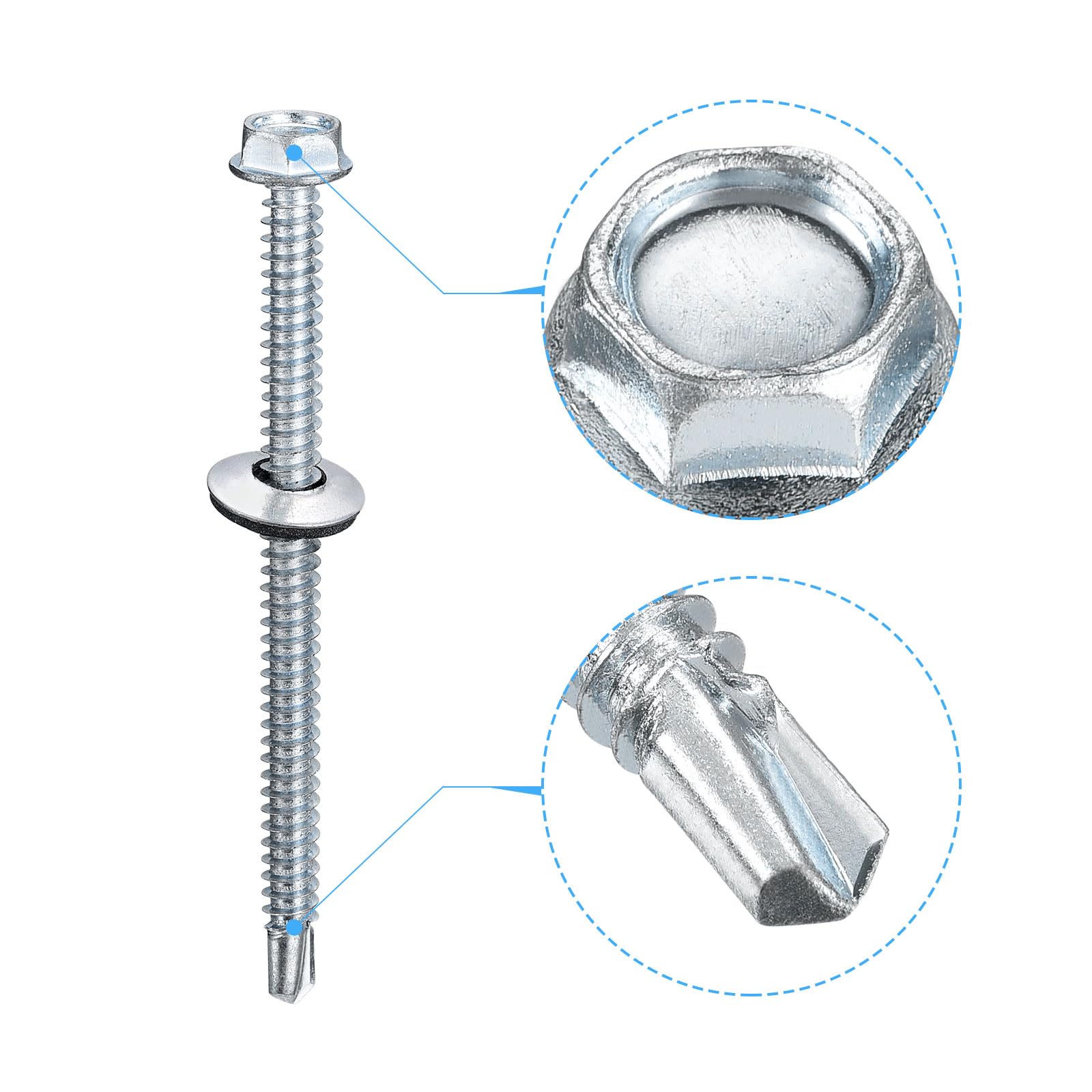 QUARKZMAN #14x3-5/9" Tornillos Autoperforantes con Arandela de Goma, 200Pcs Acabado Zincado Cabeza Hexagonal Tornillos Autorroscantes con Arandela EPDM para Metal