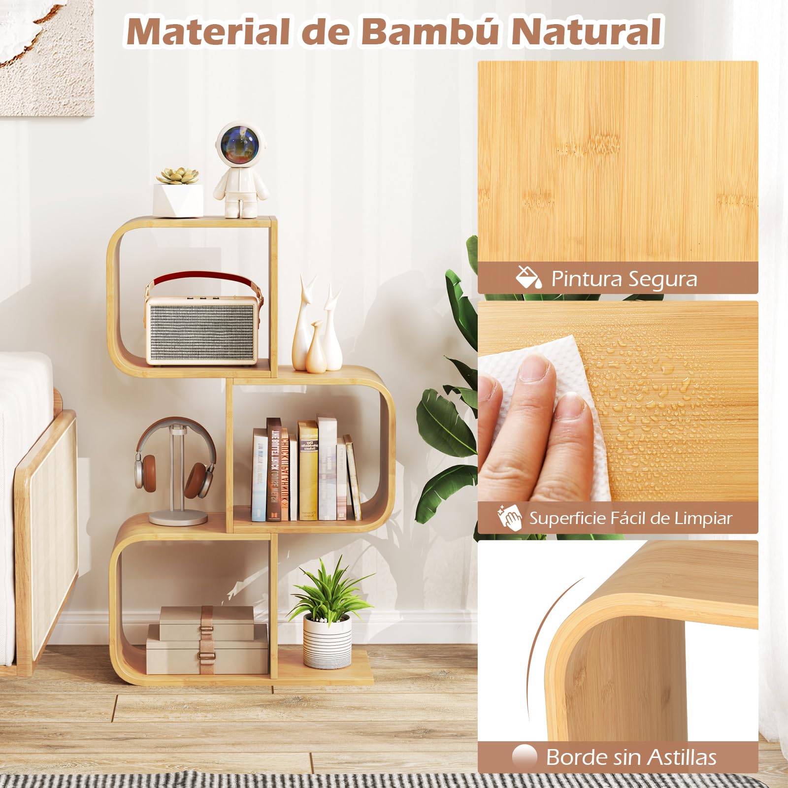 COSTWAY Estantería en Forma de S, Estantería de Almacenamiento de 3 Niveles con 3 Cubos Abiertos, Estantería de Bambú para Esquina Decorativo para Sala de Estar, Estudio, Oficina, Natural (3 Niveles)