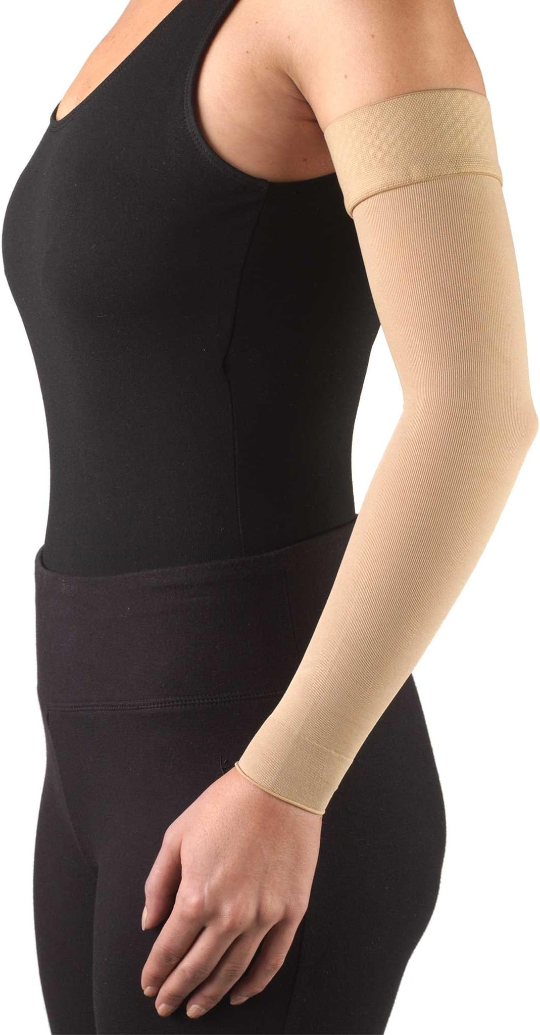 Truform Lymphedema Compression Arm Sleeve, 20-30 mmHg Post Mastectomy Support, Dot Top Grip Band, Beige, Large