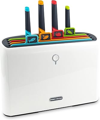 Smart Cutting Board and Knife Set - Self Cleaning Cutting Board Set with 4 Color Coded Cutting Boards, 4 Stainless Steel Knives - Drying Holder Organizer for Kitchen - Knife Sharpness and Cutting Performance