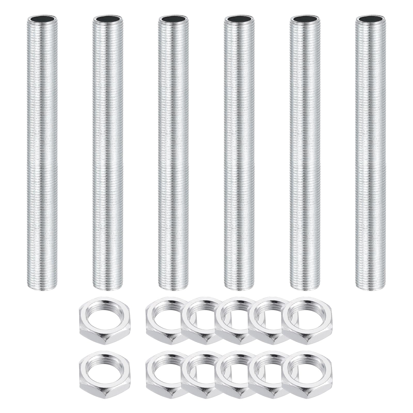 sourcing map 6Pcs 100mm Lamp Pipe Nipples Kit with Lock Nuts, M12x1 Fine All Threaded Hollow Tube Lamp Repair Hardware Fasteners for Chandelier Ceiling Lamps Assembly DIY, White Zinc โ image 1