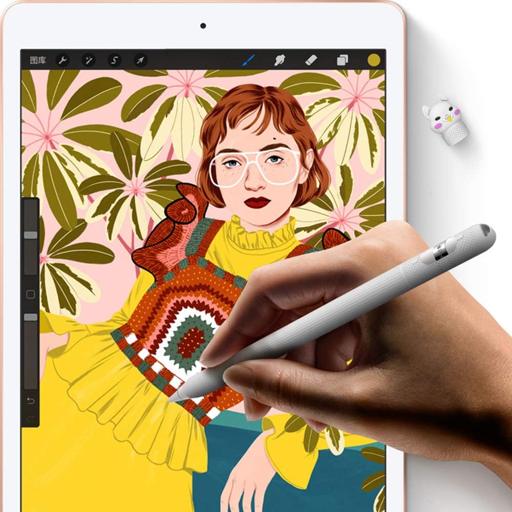 Hand holding Apple Pencil with white silicone case drawing on iPad.
