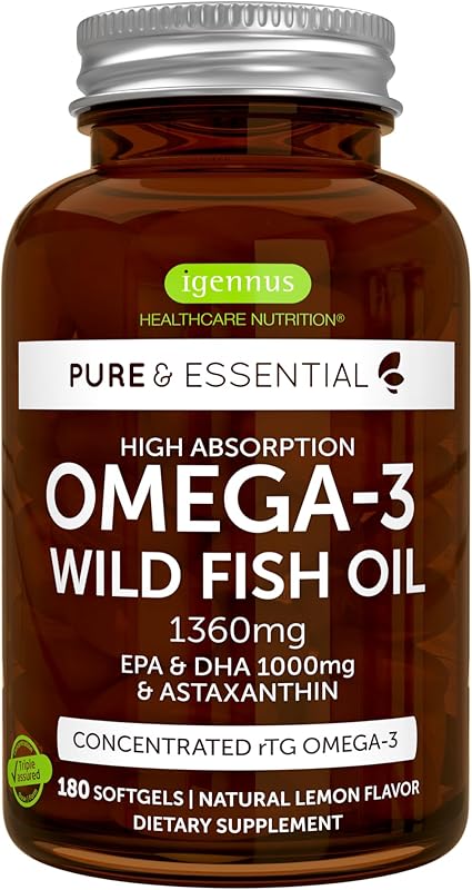 Igennus Ultra Pure Omega 3 Triglyceride rTG Wild Fish Oil 1360mg, IFOS Certified, EPA DHA 1000mg Plus Astaxanthin, Non-GMO, for Men & Women, 180 Softgels