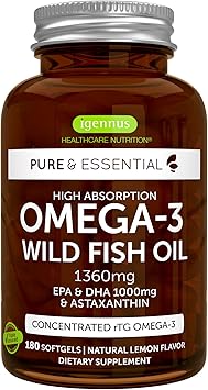 Igennus Ultra Pure Omega 3 Triglyceride rTG Wild Fish Oil 1360mg, IFOS Certified, EPA DHA 1000mg Plus Astaxanthin, Non-GMO, for Men & Women, 180 Softgels
