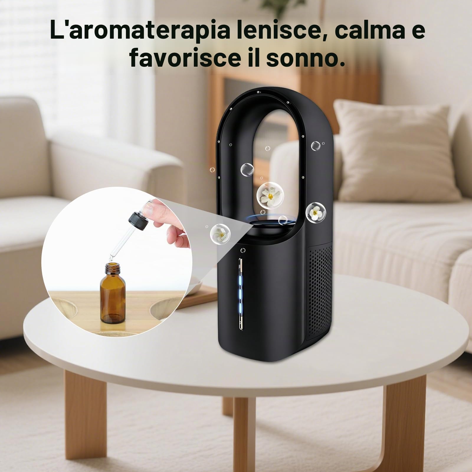 Ventilatore a torre silenzioso con purificatore d'aria, 3 velocità, tattile, adatto come diffusore di aromi, ventilatore senza pale per casa, ufficio