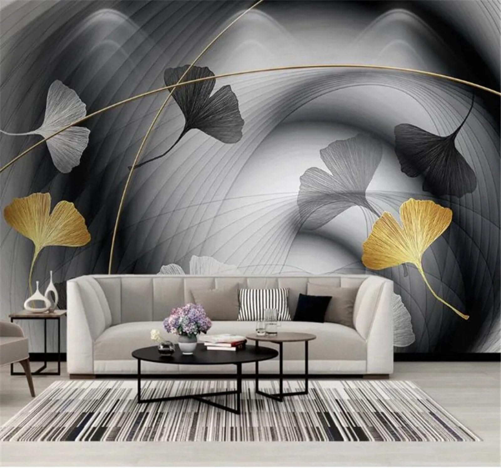 Tzxztt Minimalist Abstract Mist Lines Ginkgo Leaves Modern 3D Wallpaper Premium Textured Silk Neutral Tones Material Ideal for Living Room Bedroom-150cm×105cm