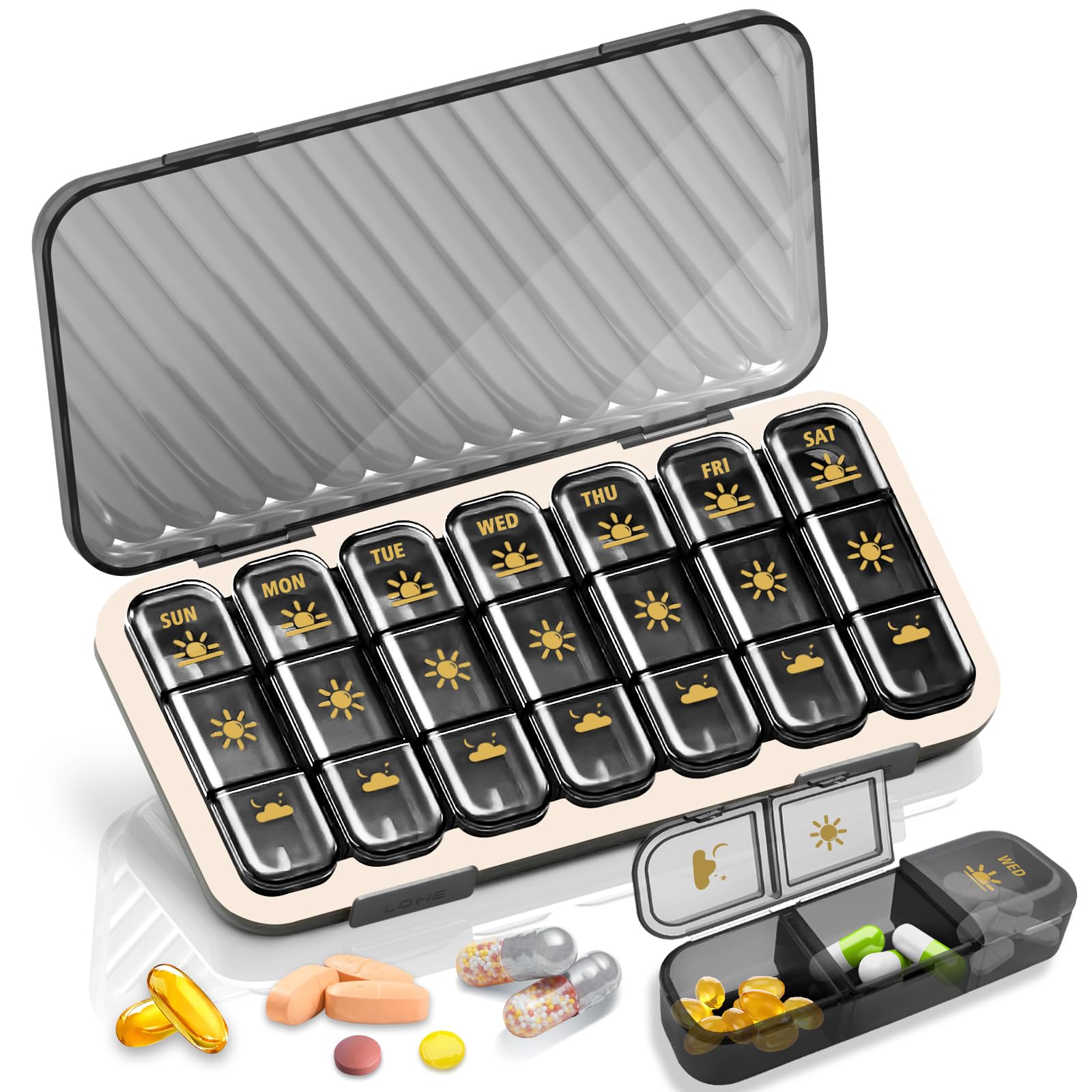 Weekly Pill Organizer 3 Times a Day, GloDeals Large Travel Pill Box 7 Day, Am Pm Three Daily Pill Case with Removable Medicine Container, Pill Holder