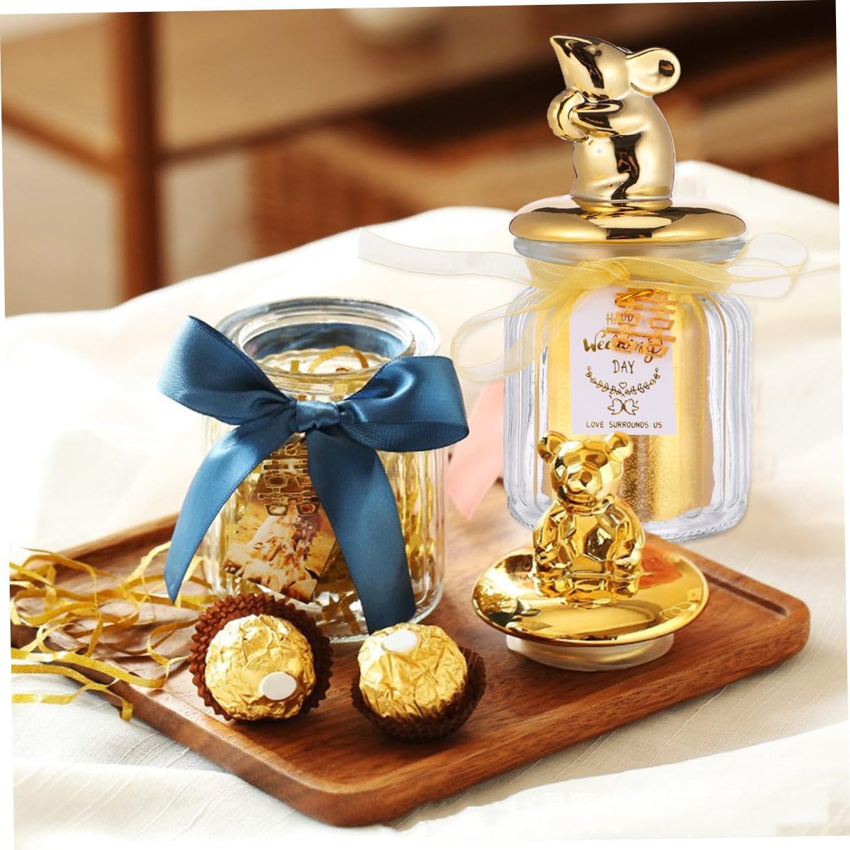 UKCOCO Golden Sealed Candy Jar with Ceramic Animal Lid, Glass Storage Jar for Wedding Candies, Display Snack Bottle Suitable for Party Favors
