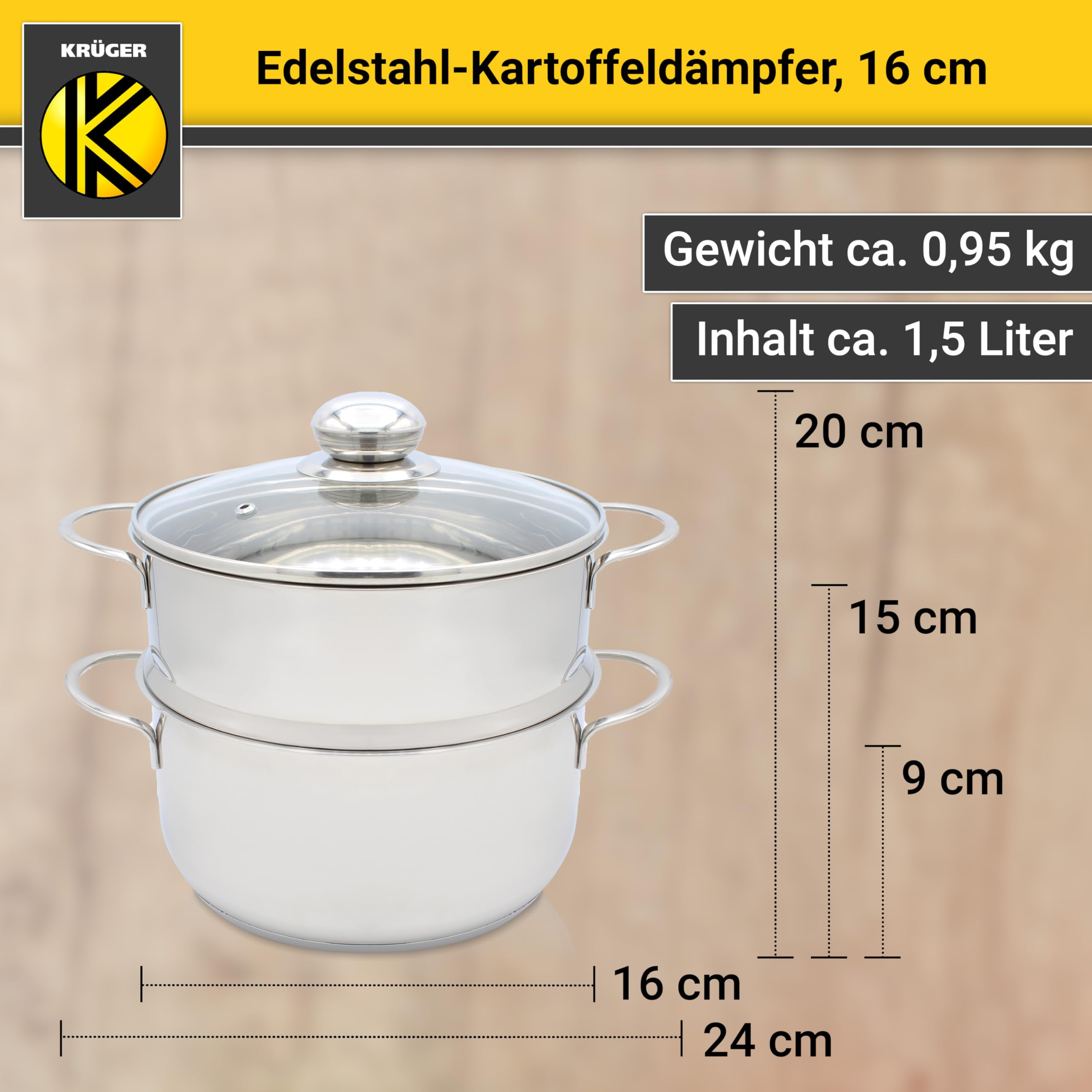 Krüger Edelstahl-Kartoffeldämpfer mit Glasdeckel - Bio-Dünster mit praktischem Schüttrand & energiesparendem Kapselboden - Topf für wasserarmes Garen & fettarmes Braten (16 cm) | PFAS-frei & unbeschichtet|Mit Glasdeckel & Kapselboden|Induktionsgeeignet|Sp