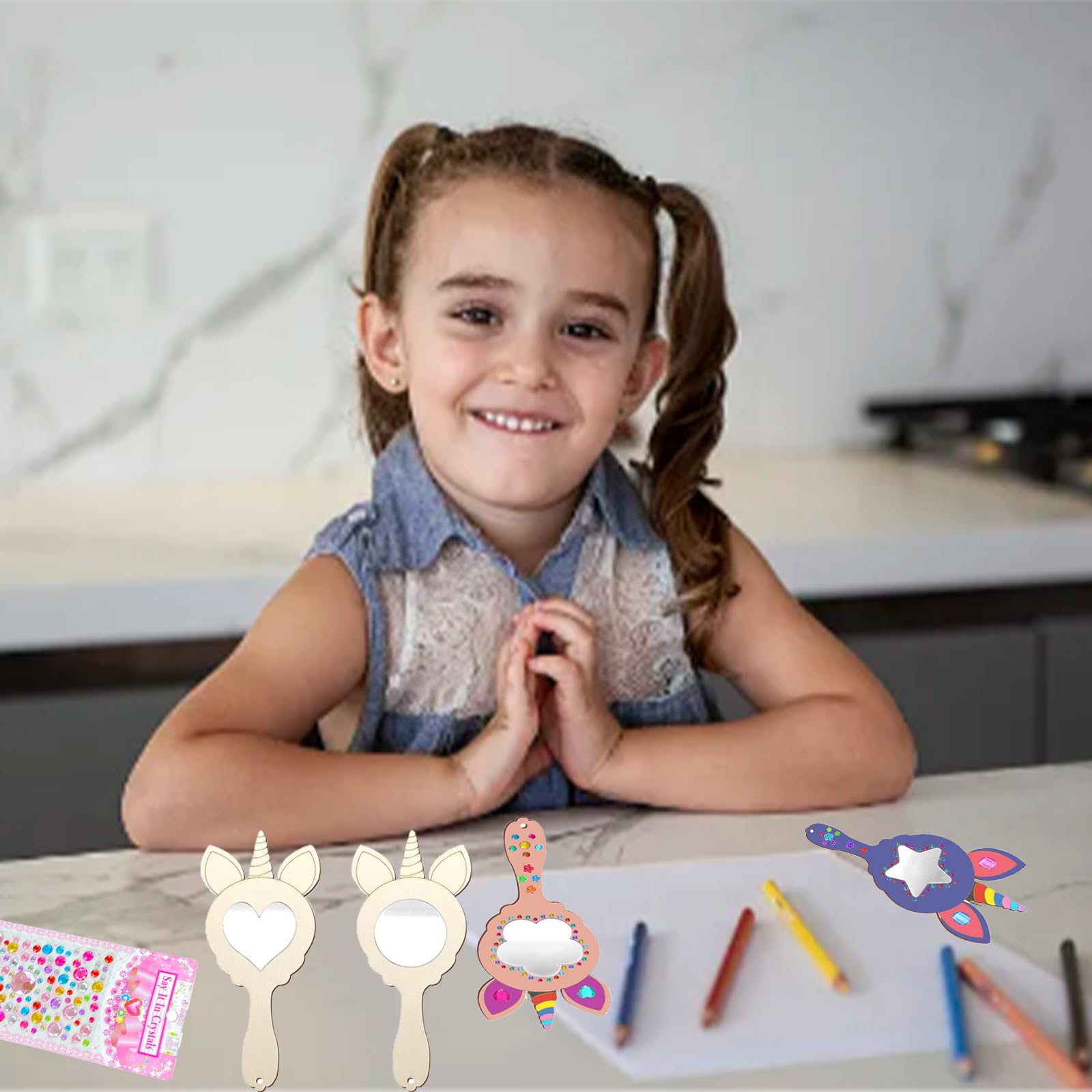 12 stuks eenhoornspiegel, hout, knutselen, kinderverjaardag, houten spiegel om te beschilderen, kinderen, doe-het-zelf handwerk, kinderspiegel, prinses, mini-handspiegel met handvat, voor meisjes