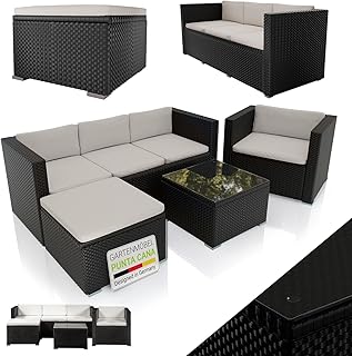 Juskys Polyrattan Lounge Punta Cana L für 4-5 Personen mit 3er Sofa, Sessel, Hocker, Tisch & Kissen, Sitzgruppe für Garten, Terrasse und Balkon, Gartenmöbel Set wetterfest - Schwarz/Creme