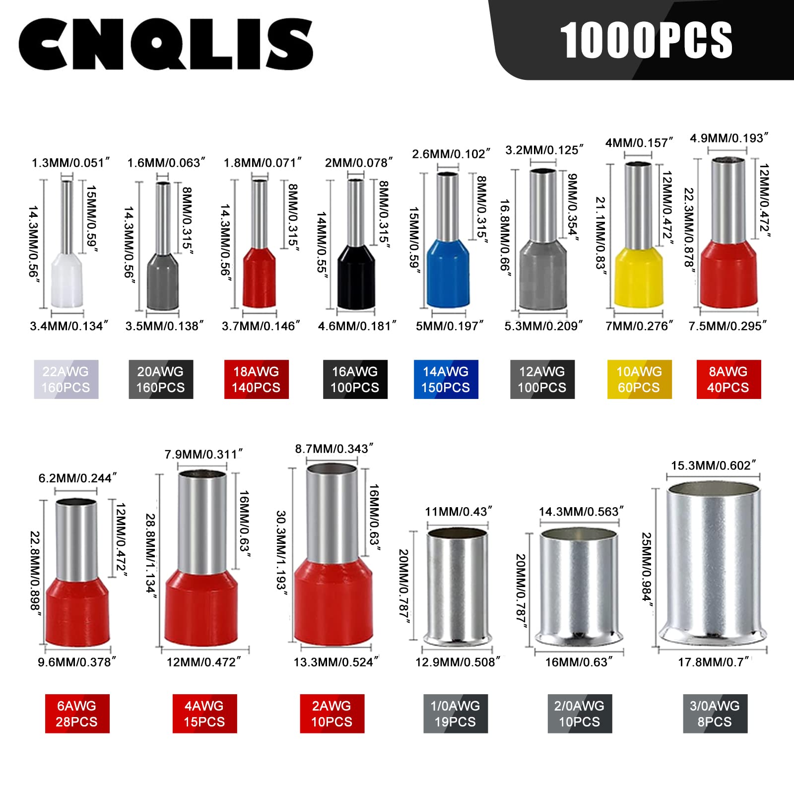 CNQLIS 1000 PCS Wire Ferrules Kits Ferrules Wire Ends Terminals Crimp Terminal Connector AWG(22 20 18 16 14 12 10 8 6 4 2 1/0 2/0 3/0)